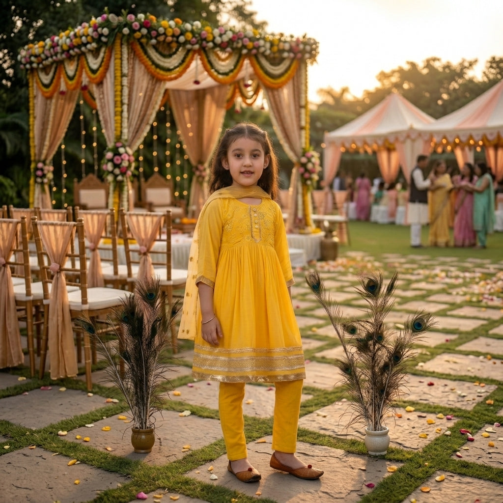 Explore the latest Haldi outfit trends for kids in Canada. Shop vibrant, stylish, and trendy Haldi ceremony dresses online, featuring floral lehengas, 