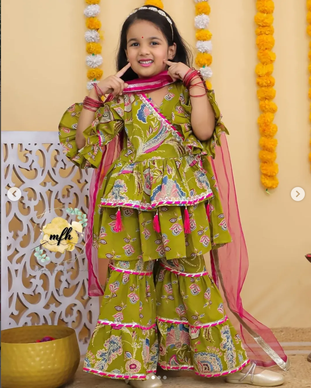 Girls Jaipuri Cotton Sharara Set with Dupatta - Green