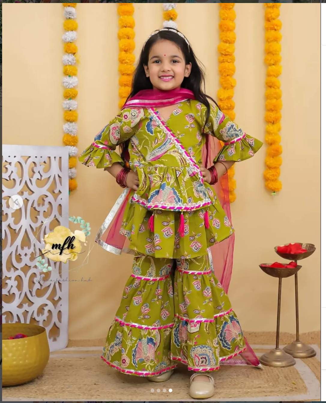 Girls Jaipuri Cotton Sharara Set with Dupatta - Green