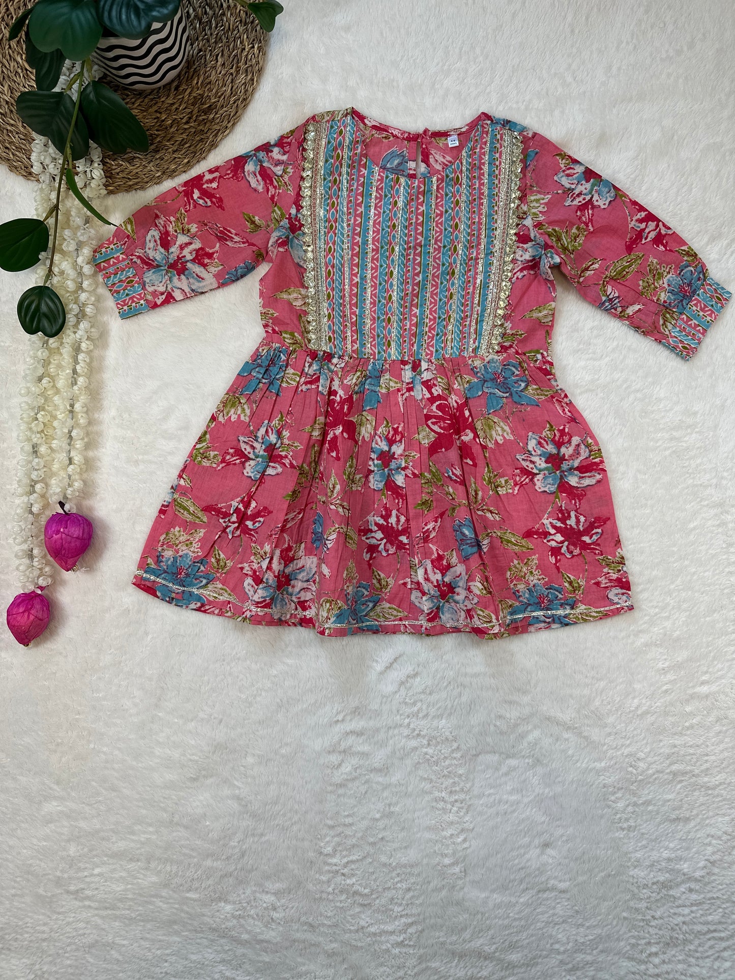 Jaipur Print Kurti with Dhoti Pants and Dupatta-Pink & Blue - Mitthu Kids Ethnic Wear