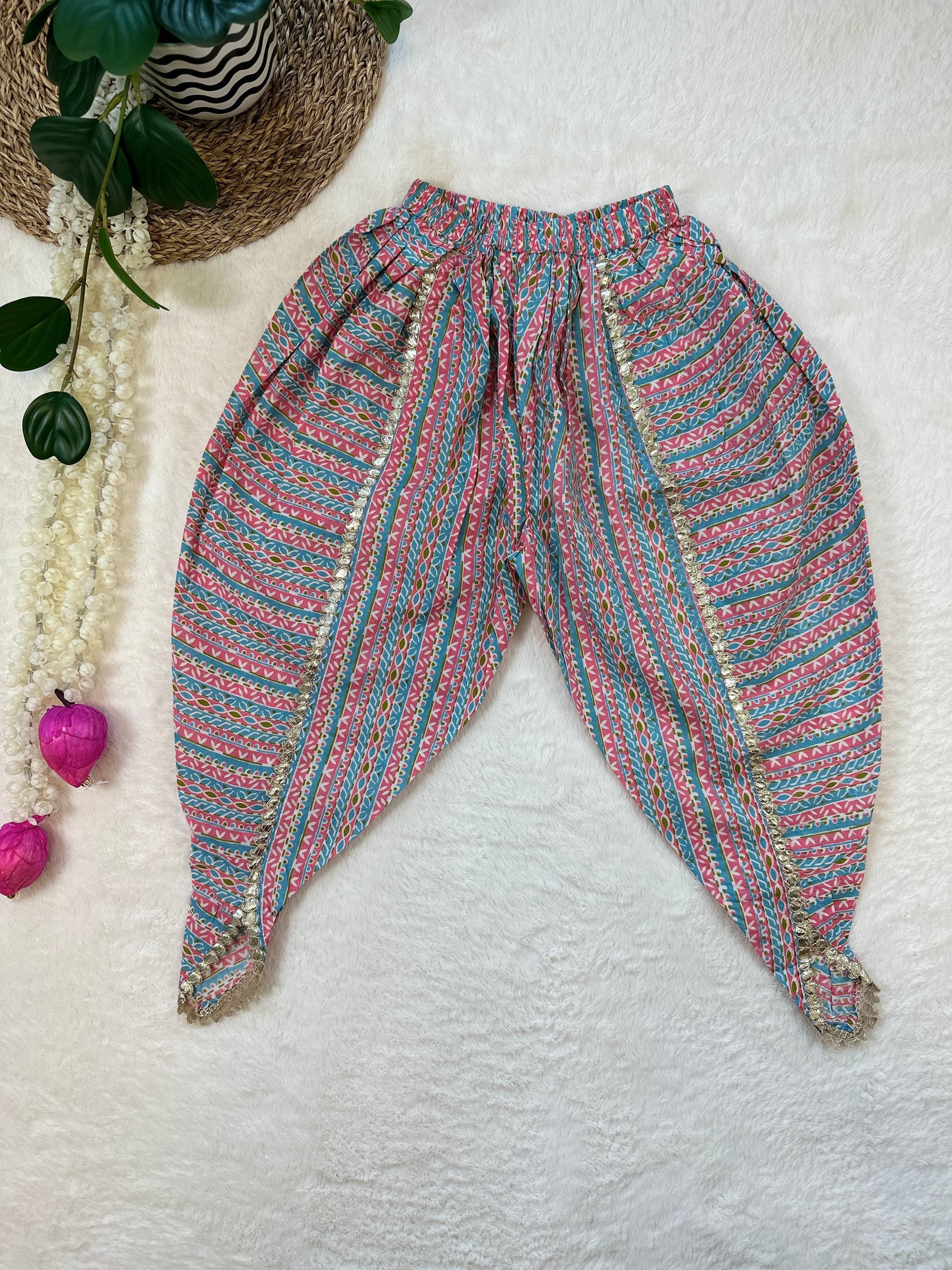 Jaipur Print Kurti with Dhoti Pants and Dupatta-Pink & Blue - Mitthu Kids Ethnic Wear