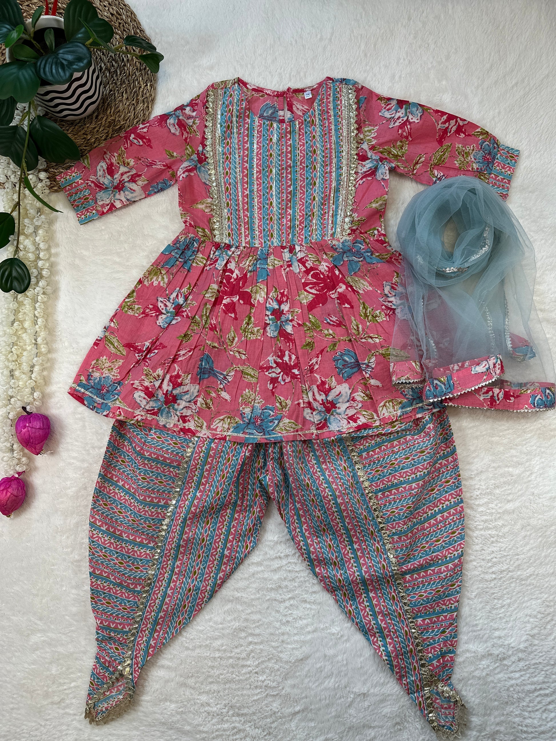 Jaipur Print Kurti with Dhoti Pants and Dupatta-Pink & Blue - Mitthu Kids Ethnic Wear