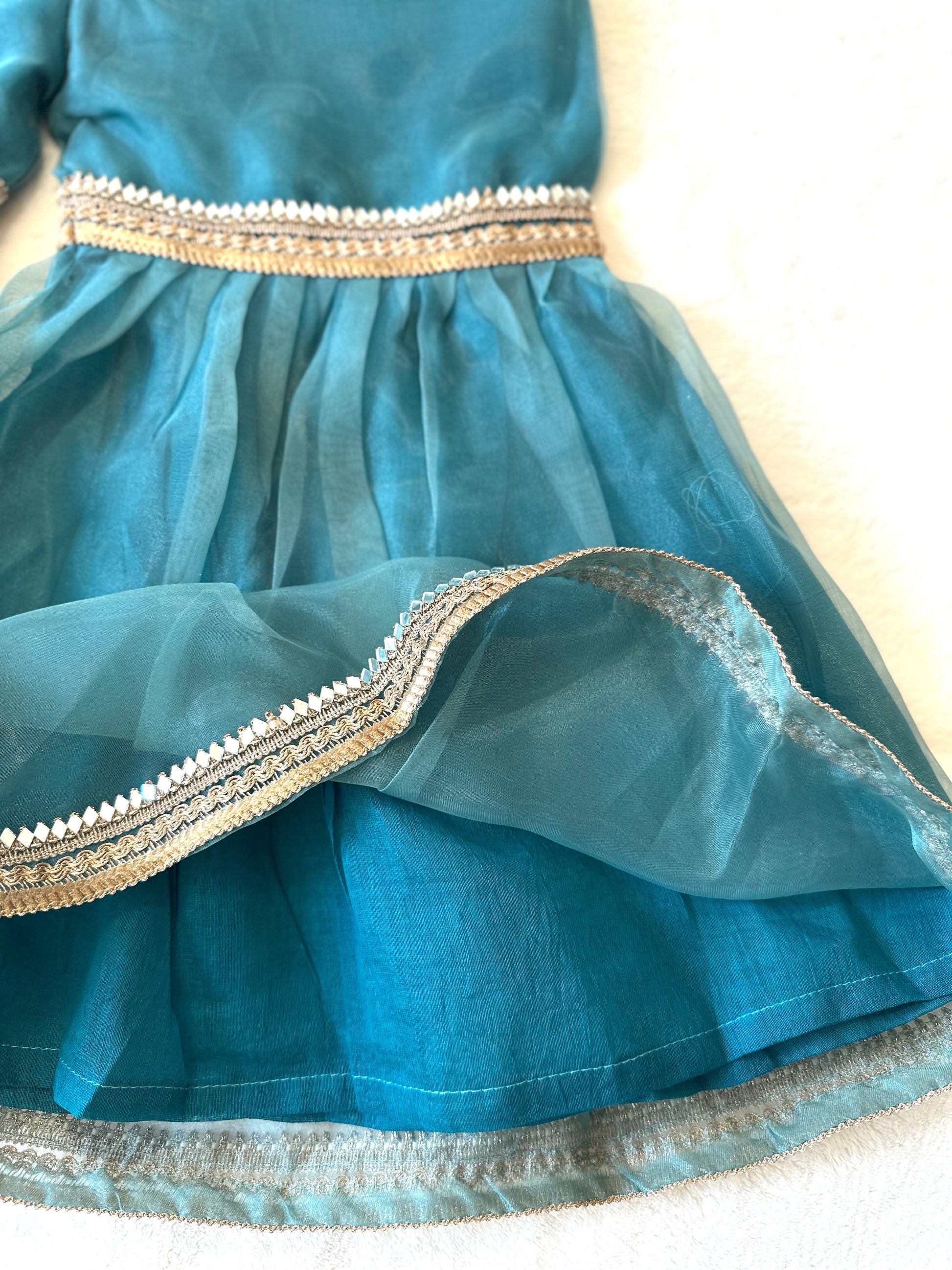 Tissue Gharara  & Kameez Set with Dupatta - Teal - Mitthu Kids Ethnic Wear