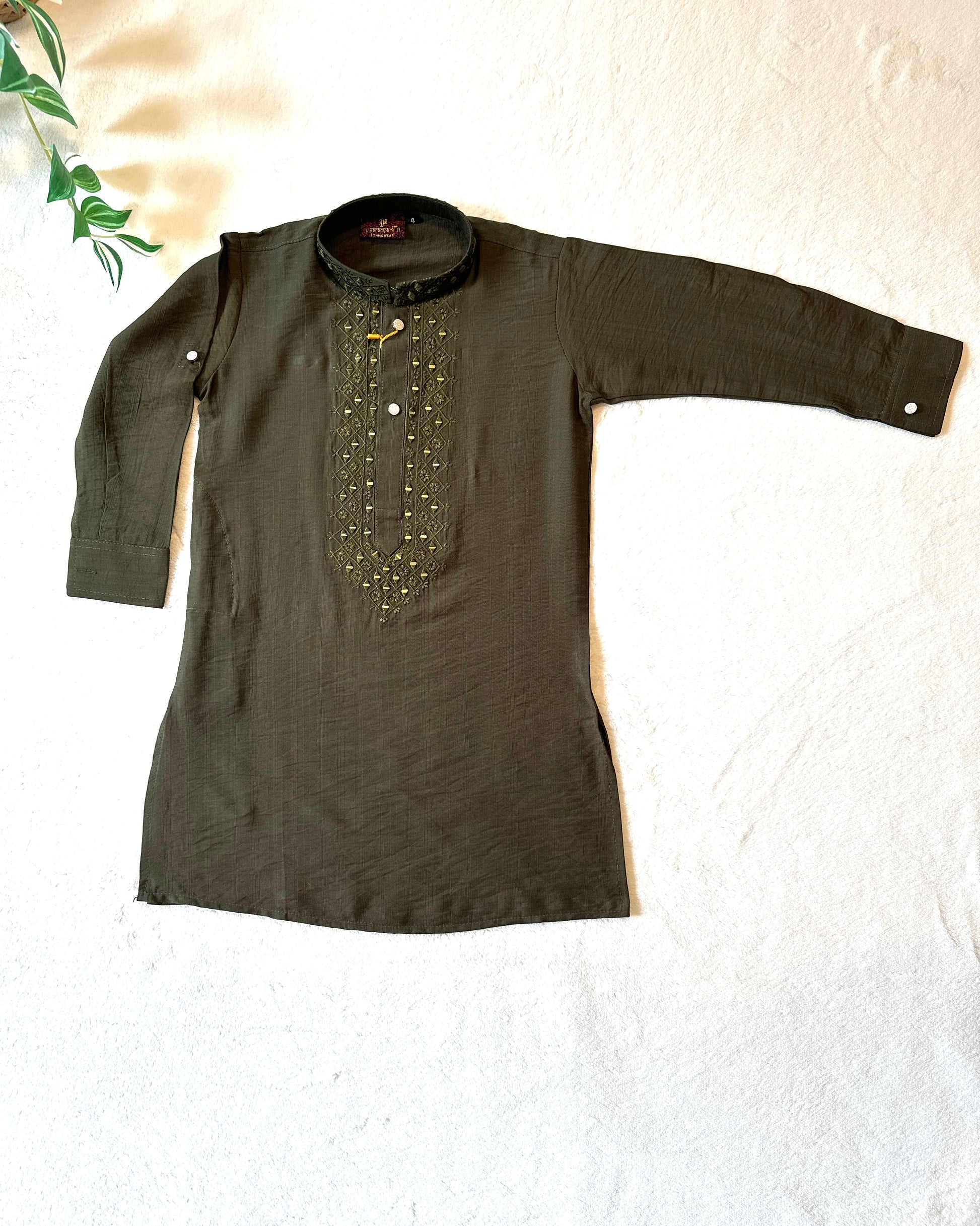 Boys Mirror Work Kurta Set- Mehndi Green - Mitthu Kids Ethnic Wear