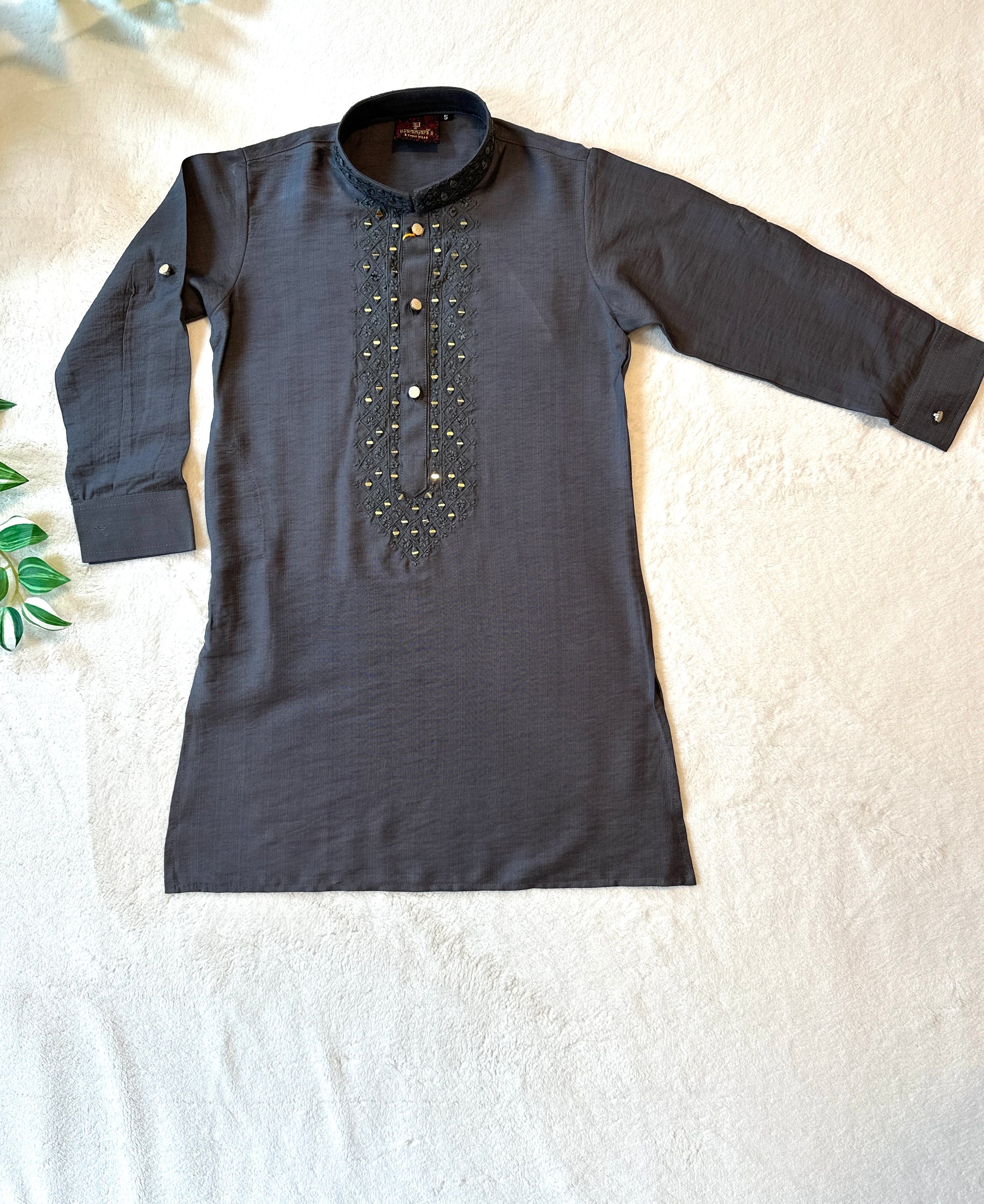 Boys Mirror Work Kurta Set- Steel Grey - Mitthu Kids Ethnic Wear