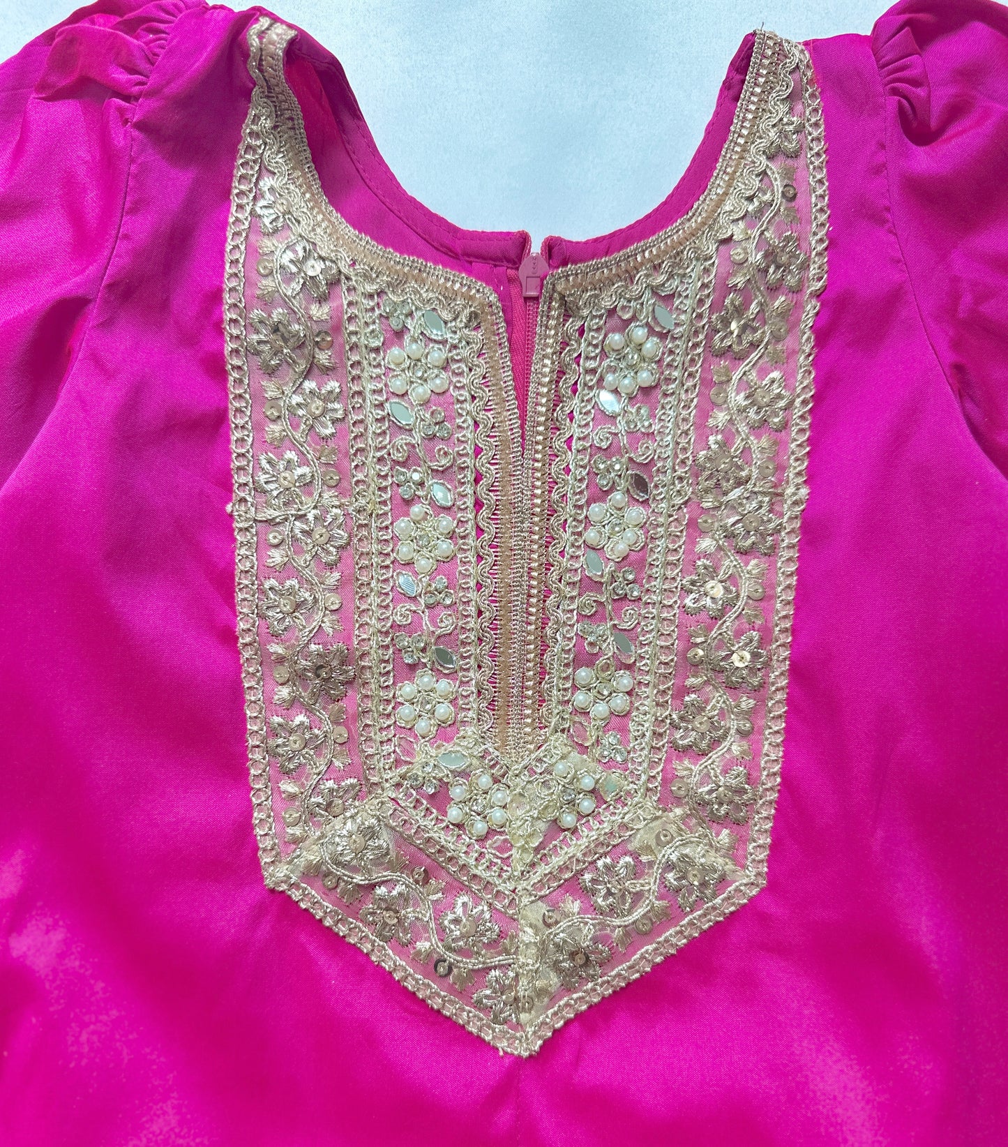 Rani pink kameez with yellow farshi shalwar, embroidered kids Indian Pakistani outfit for weddings & festivals.