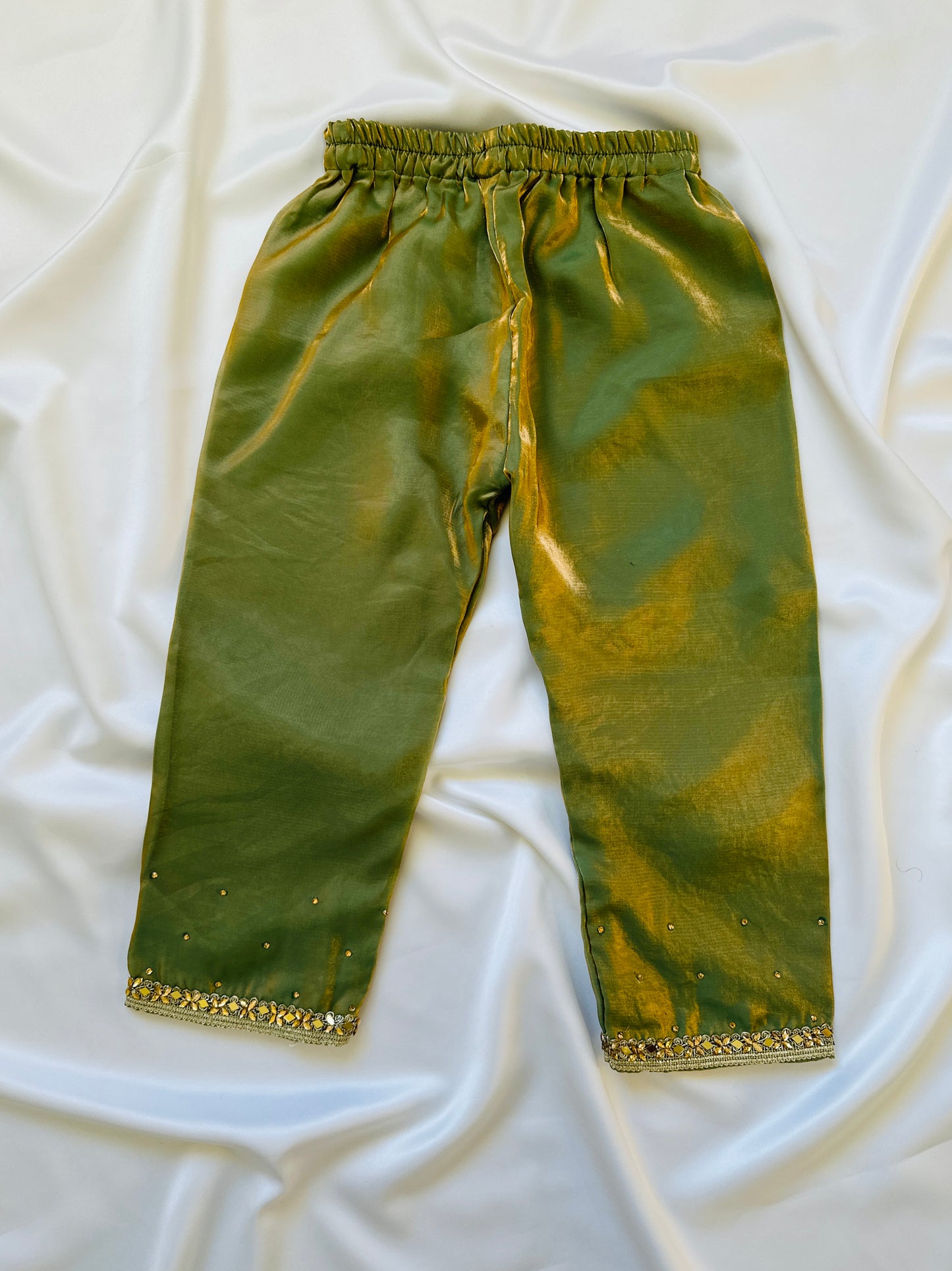 Girls Frock Style Kameez with Pants & Dupatta - Olive Green & Gold - Mitthu Kids Ethnic Wear