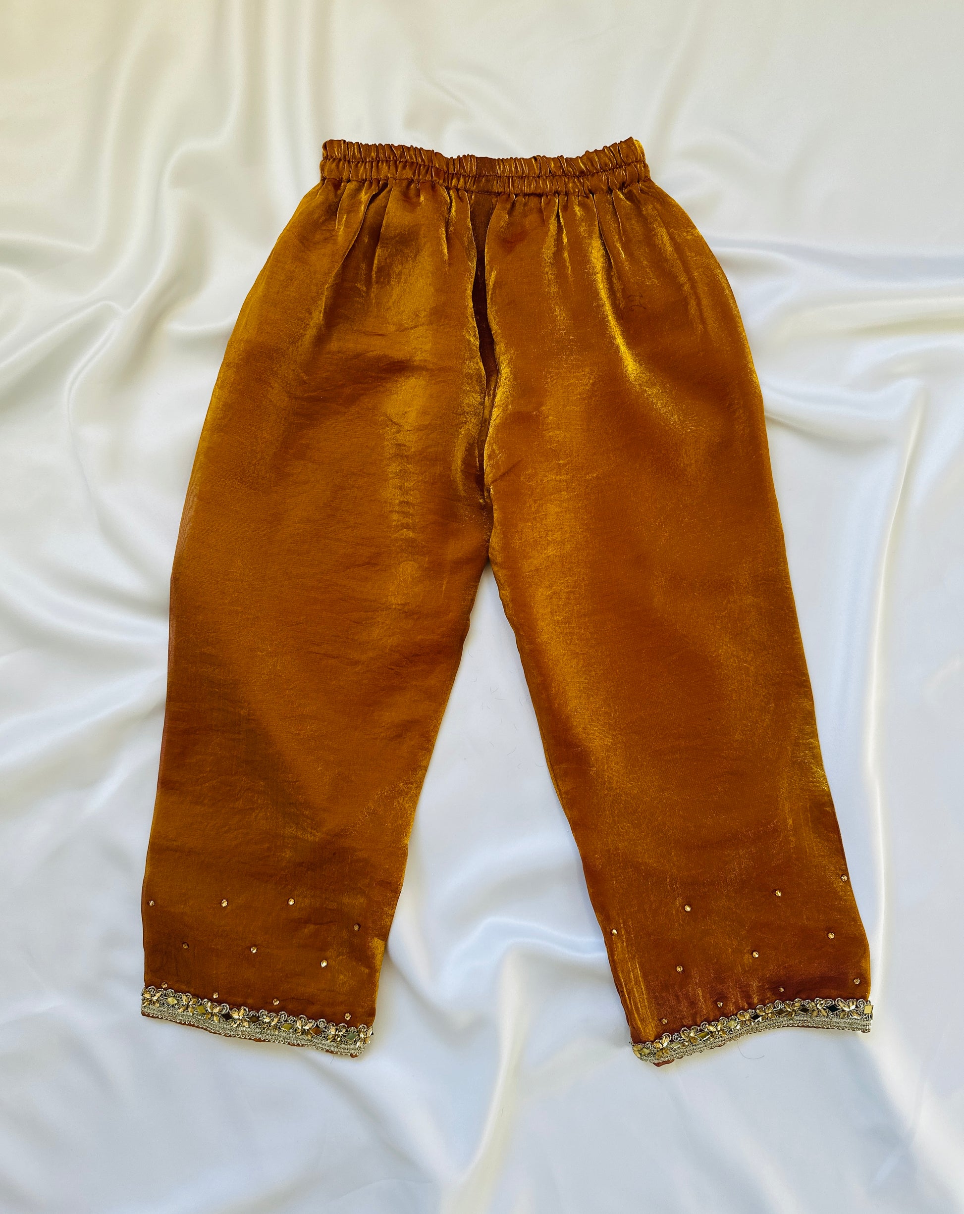Girls Frock Style Kameez with Pants & Dupatta - Rust & Gold - Mitthu Kids Ethnic Wear