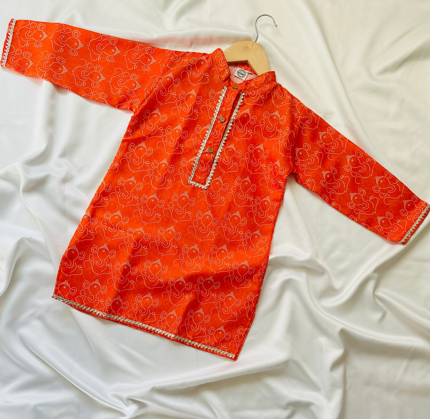 Boys Fancy Saffron Kurta & Pyjama - Ganesh Print - Mitthu Kids Ethnic Wear