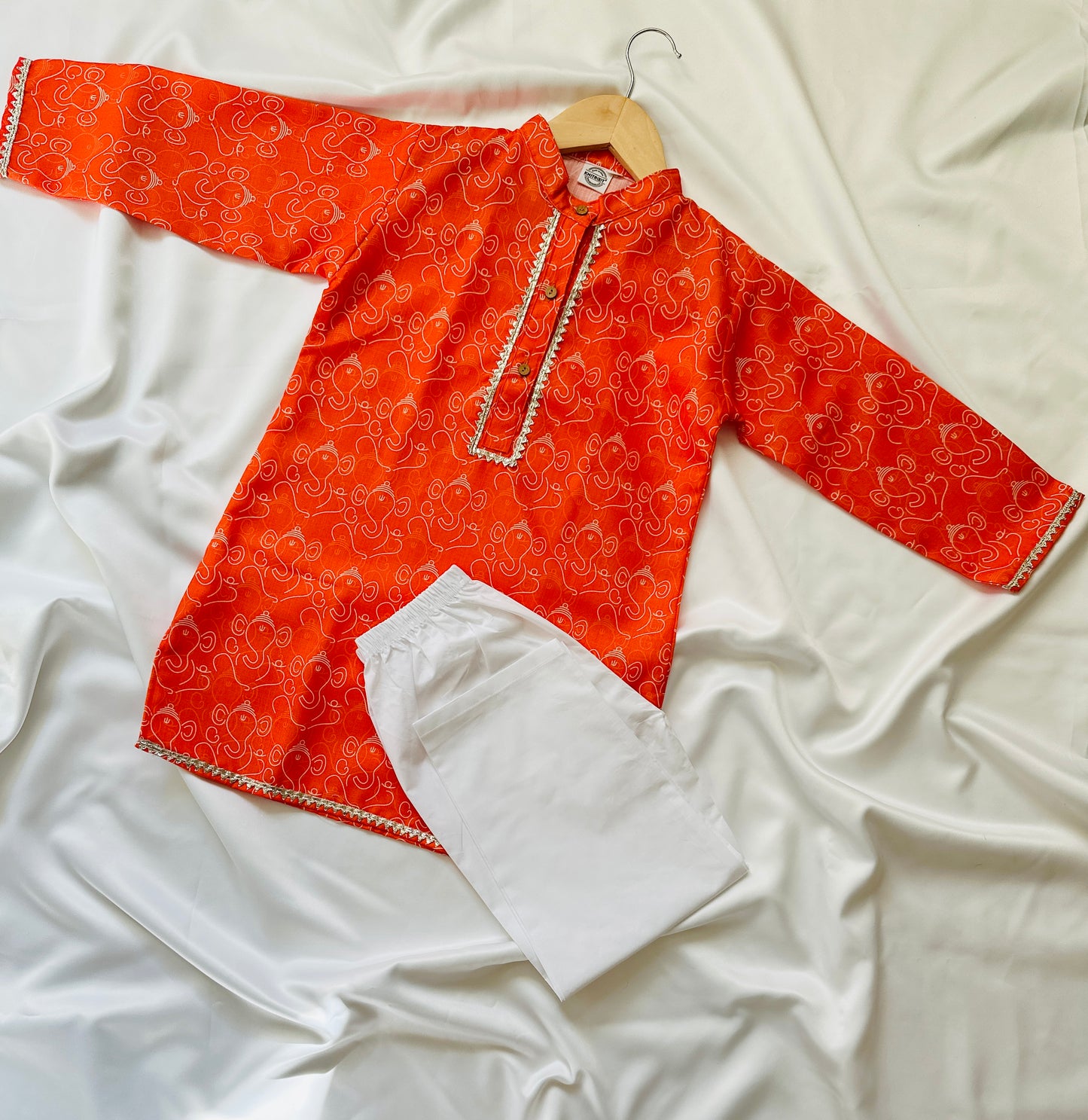 Boys Fancy Saffron Kurta & Pyjama - Ganesh Print - Mitthu Kids Ethnic Wear