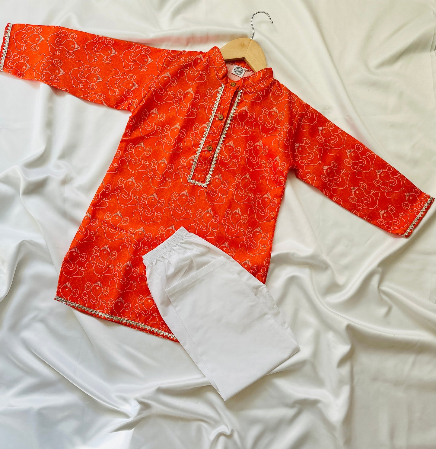 Boys Fancy Saffron Kurta & Pyjama - Ganesh Print - Infant - Mitthu Kids Ethnic Wear