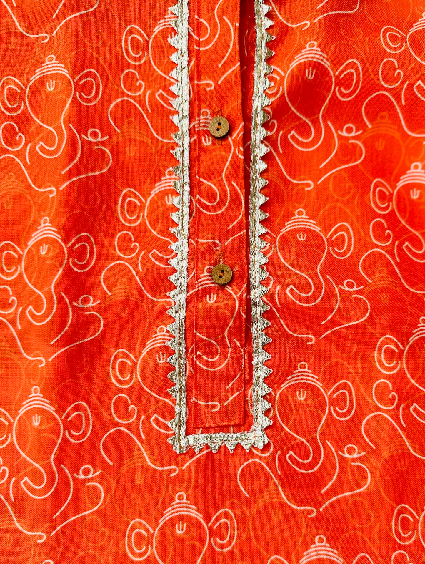 Boys Fancy Saffron Kurta & Pyjama - Ganesh Print - Mitthu Kids Ethnic Wear