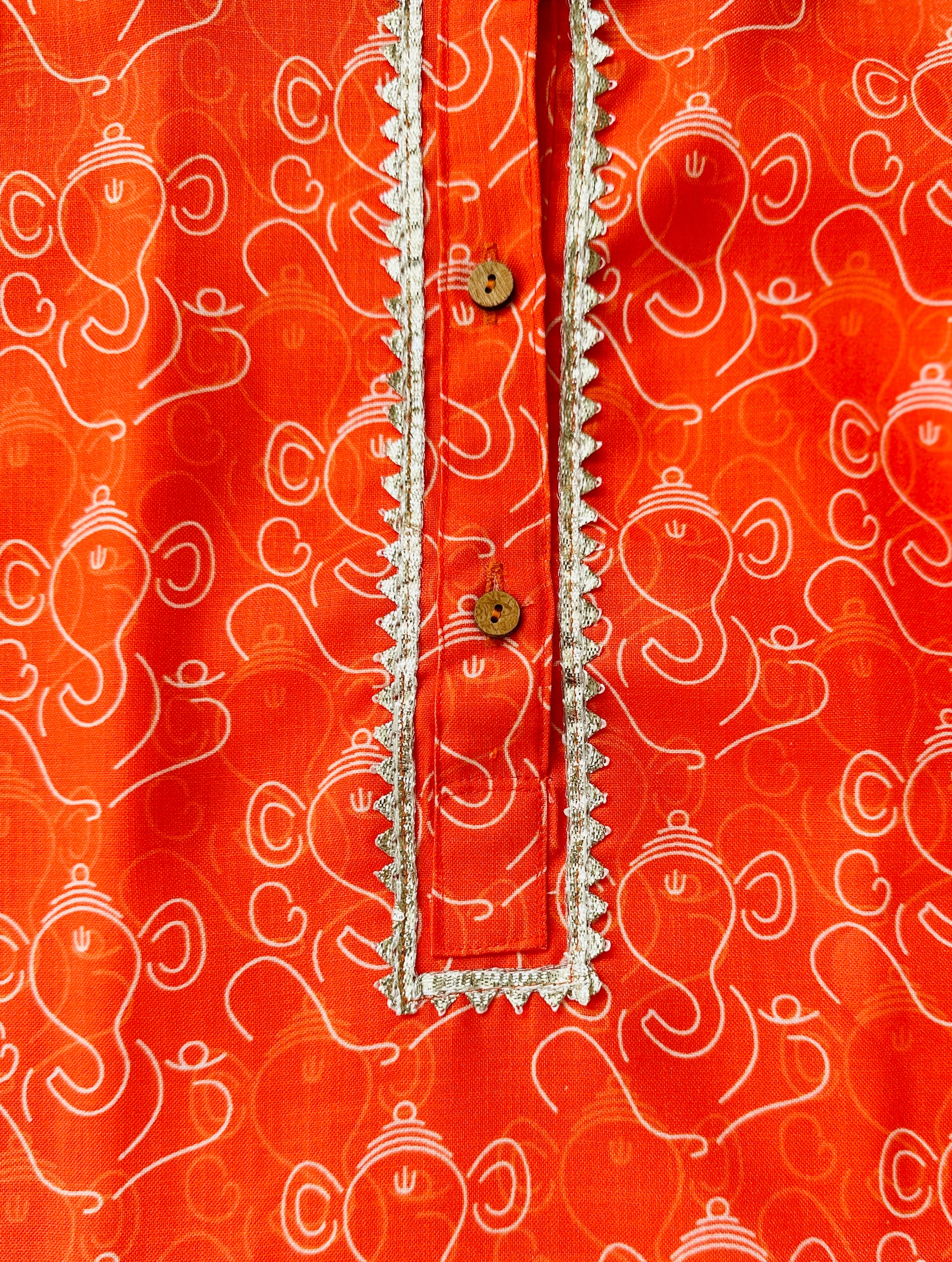 Boys Fancy Saffron Kurta & Pyjama - Ganesh Print - Mitthu Kids Ethnic Wear