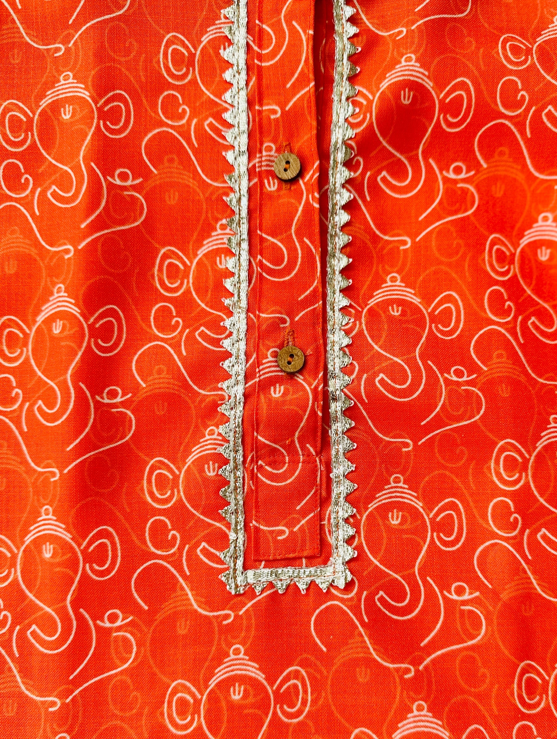 Boys Fancy Saffron Kurta & Pyjama - Ganesh Print - Infant - Mitthu Kids Ethnic Wear