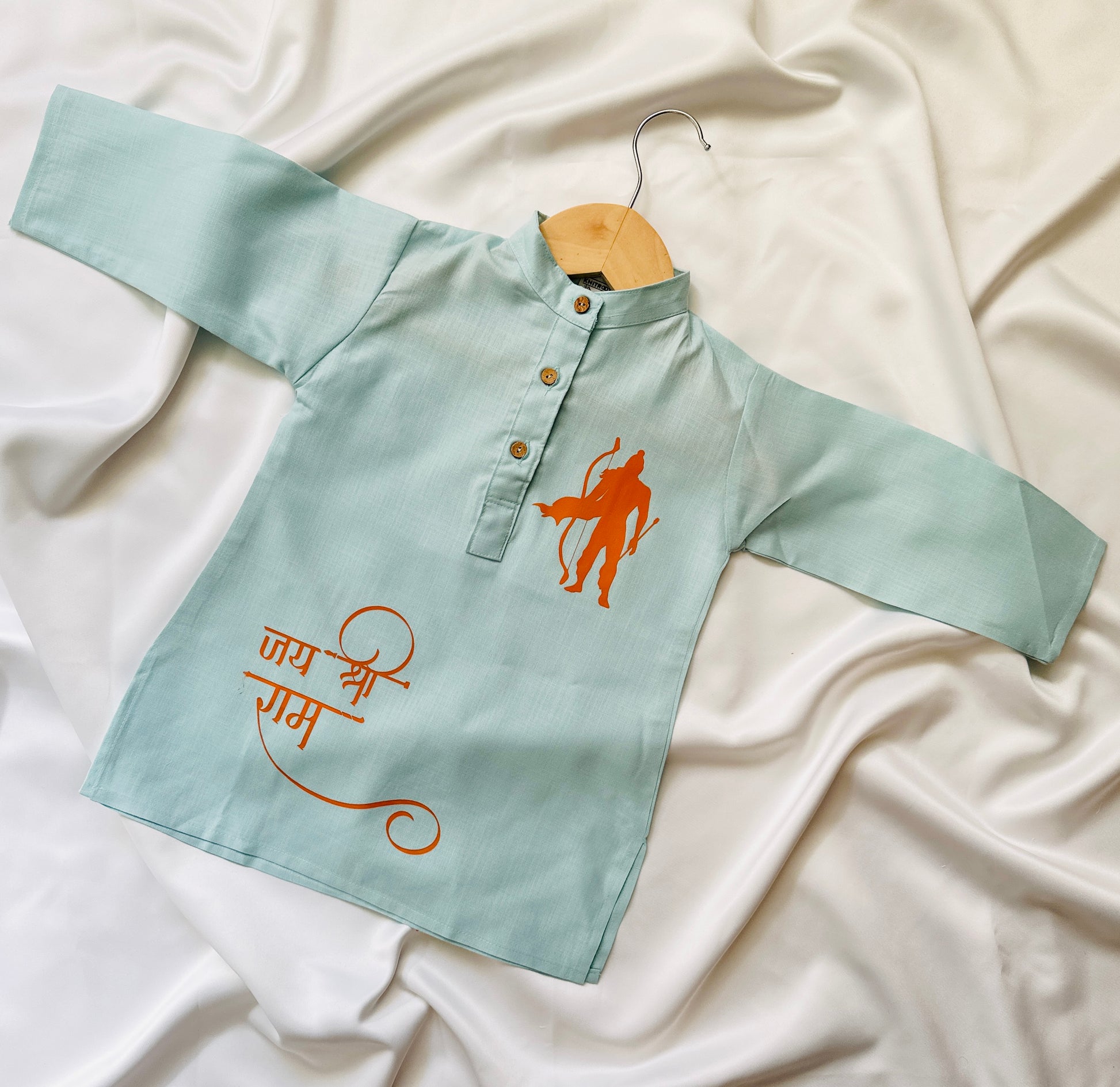 Boys Kurta & Pyjama Printed Cotton Fabric -  Jaishree Ram (Blue) - Mitthu Kids Ethnic Wear