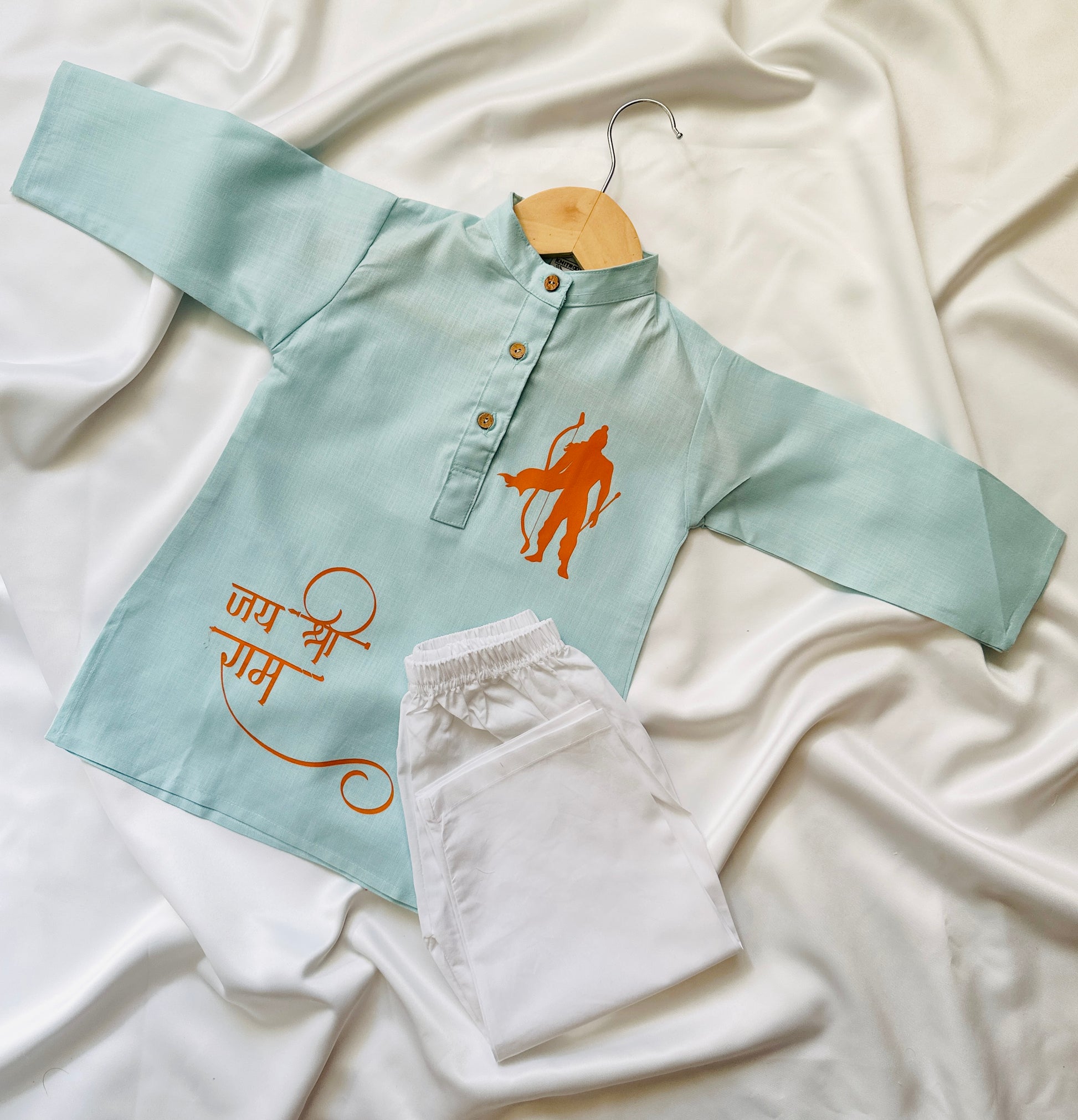 Boys Kurta & Pyjama Printed Cotton Fabric -  Jaishree Ram (Blue) - Mitthu Kids Ethnic Wear