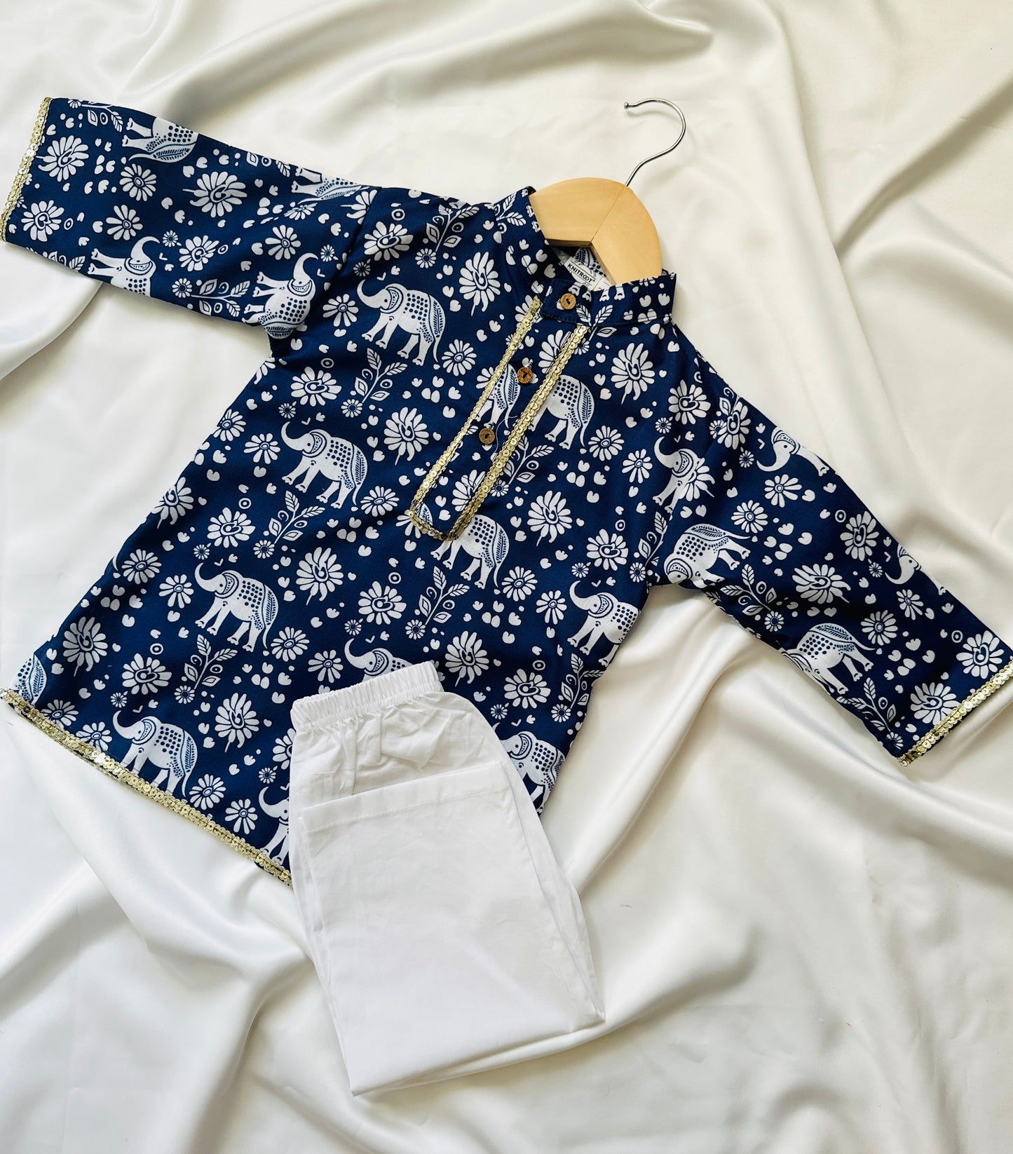 Boys Fancy Kurta & Pyjama - Blue Elephant Print - Mitthu Kids Ethnic Wear