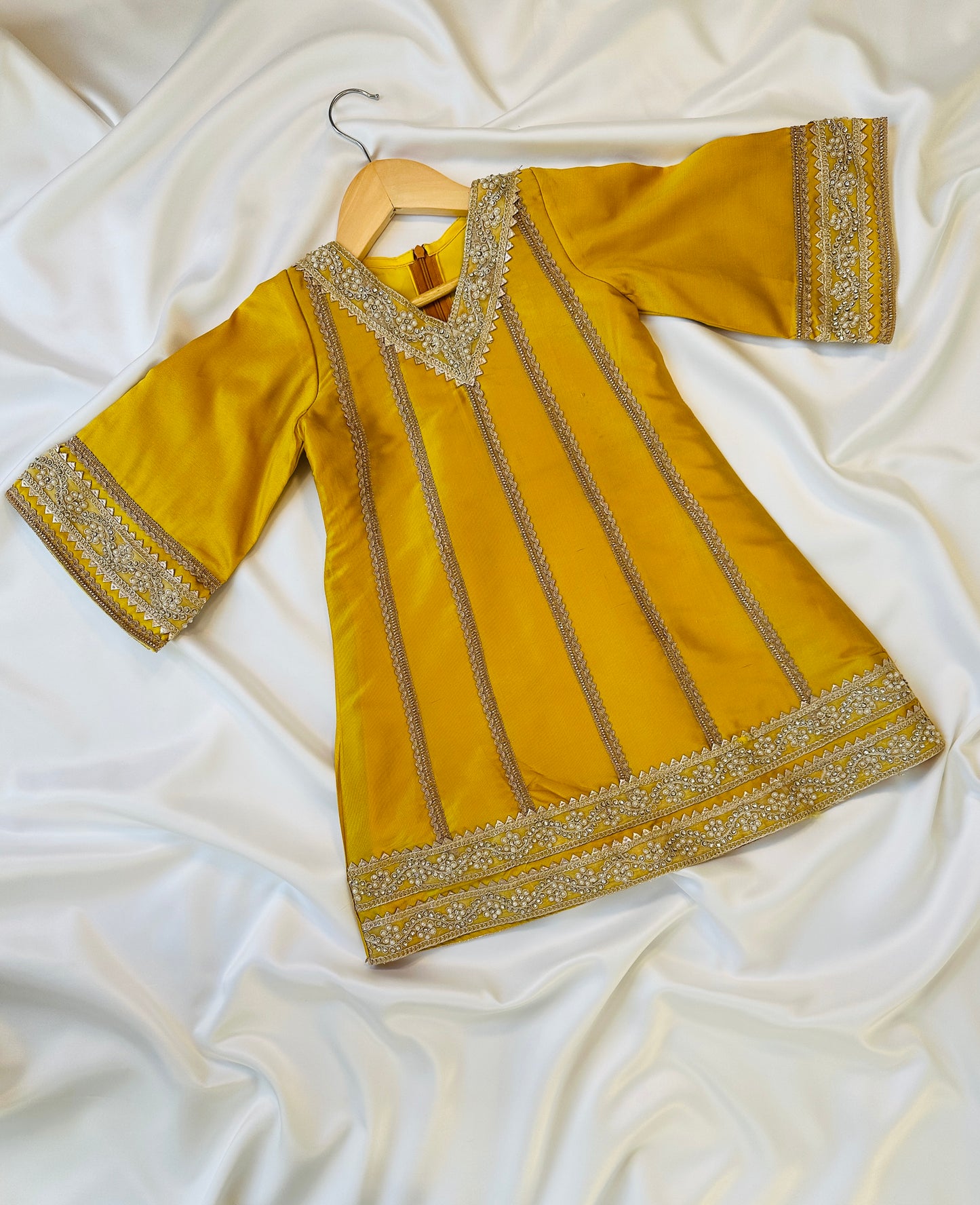 Girls Straight Cut Kameez with Pants & Dupatta - Yellow & Gold