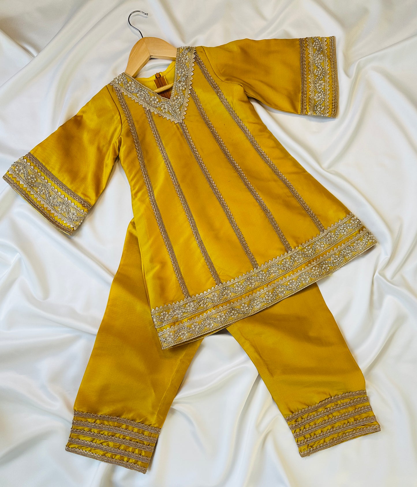 Girls Straight Cut Kameez with Pants & Dupatta - Yellow & Gold
