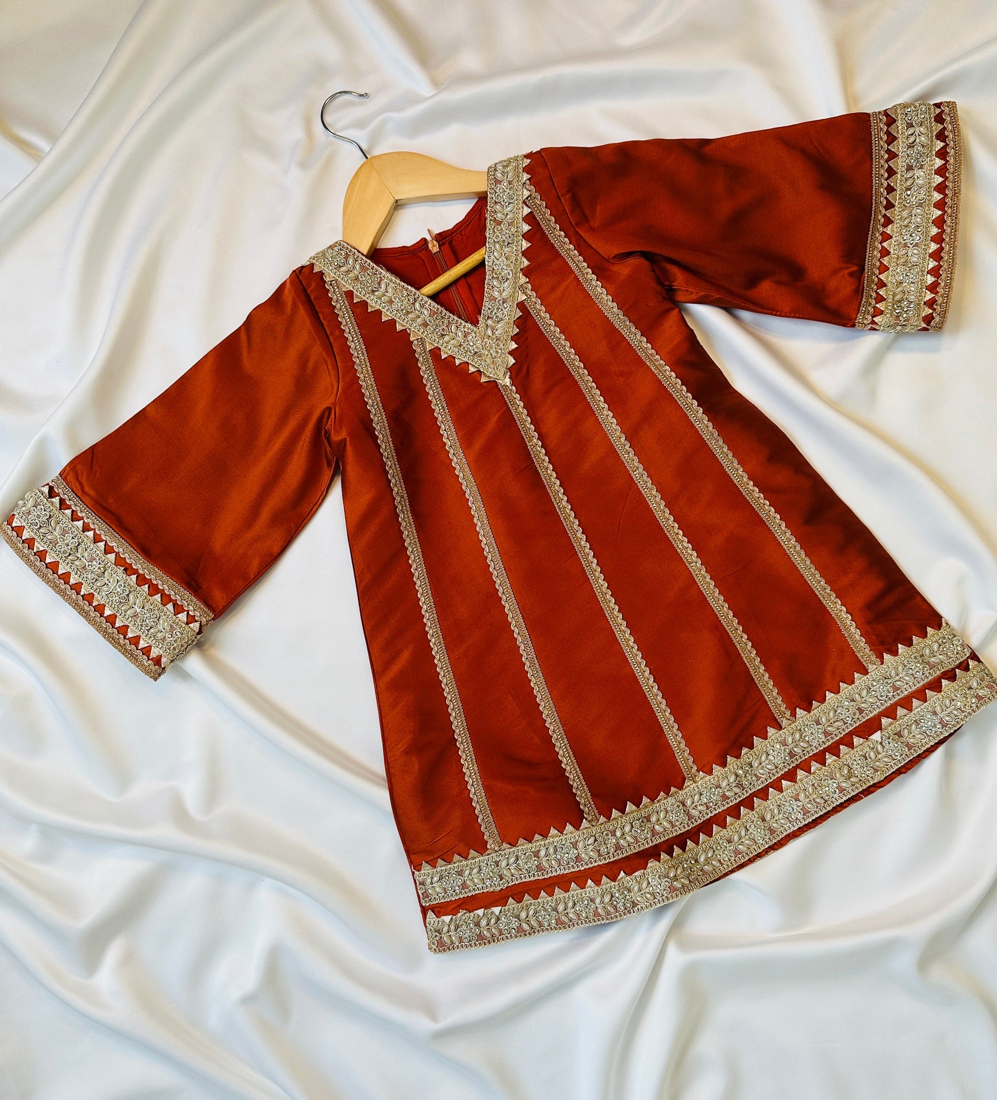 Girls straight-cut kameez with Pants & Dupatta - Copper & Gold - Infant - Mitthu Kids Ethnic Wear