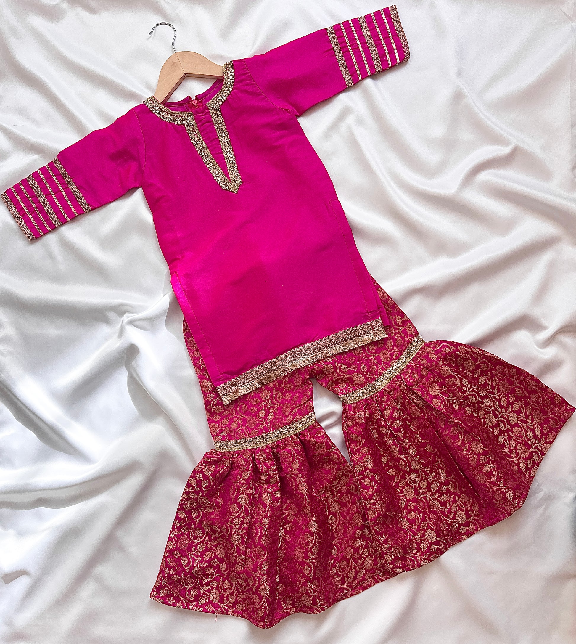 Silk Gharara  & Kameez Set with Dupatta - Rani & Gold - Mitthu Kids Ethnic Wear