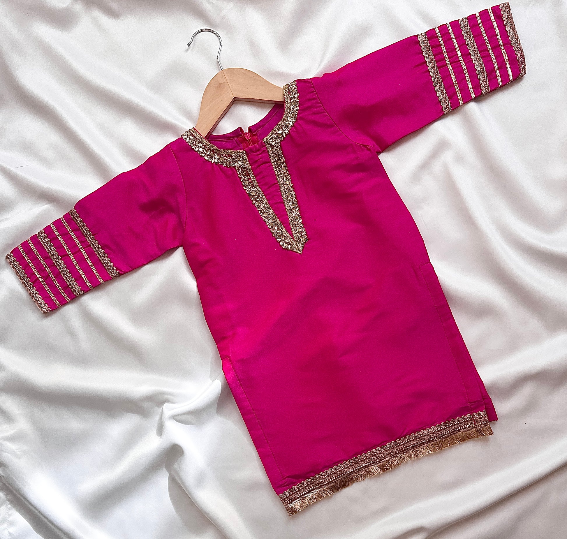 Silk Gharara  & Kameez Set with Dupatta - Rani & Gold - Mitthu Kids Ethnic Wear