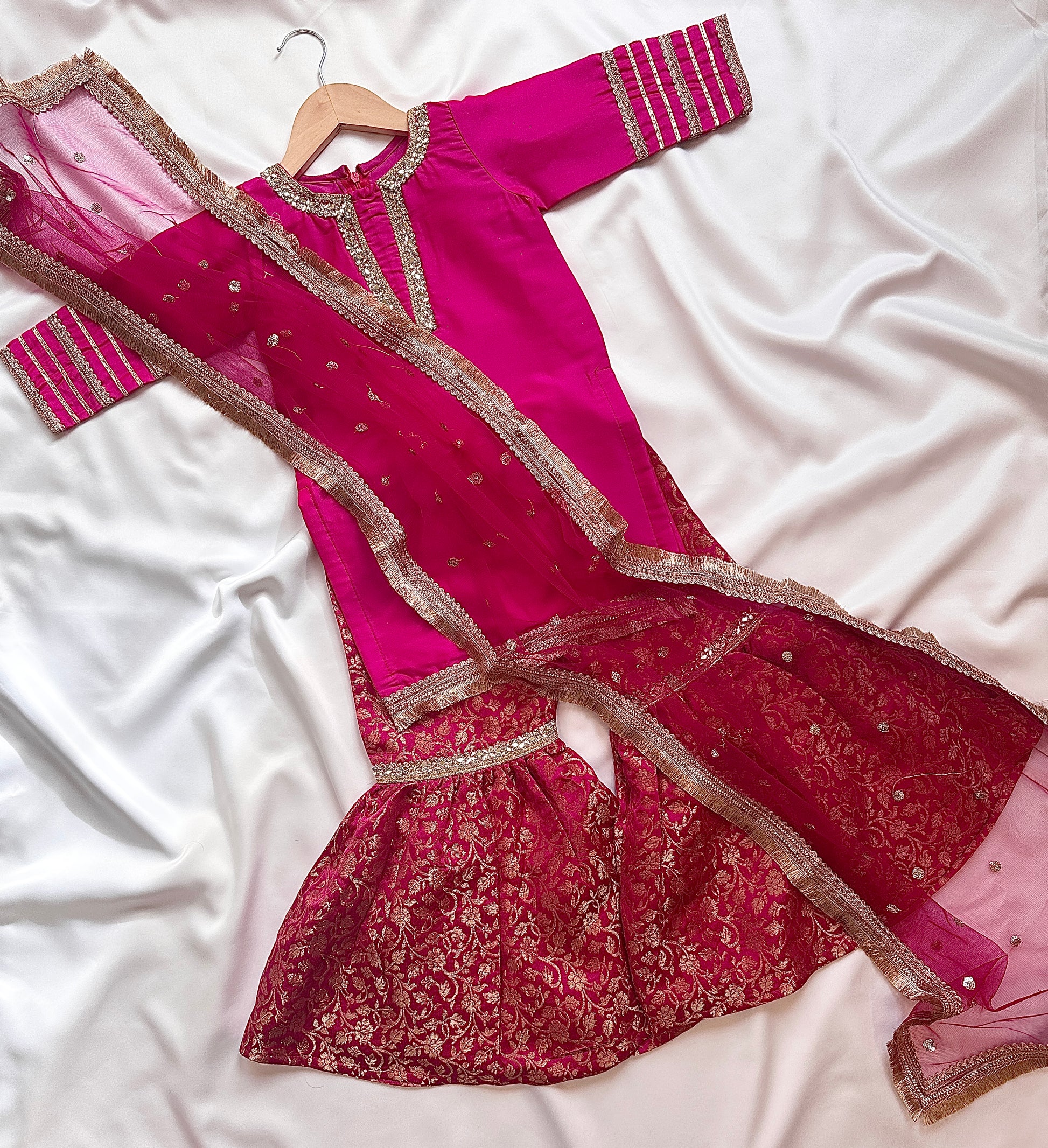 Silk Gharara  & Kameez Set with Dupatta - Rani & Gold - Mitthu Kids Ethnic Wear