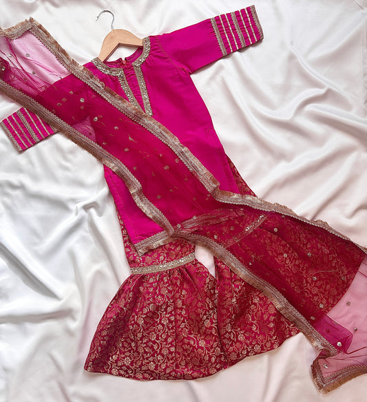 Silk Gharara  & Kameez Set with Dupatta - Rani & Gold - Infant - Mitthu Kids Ethnic Wear