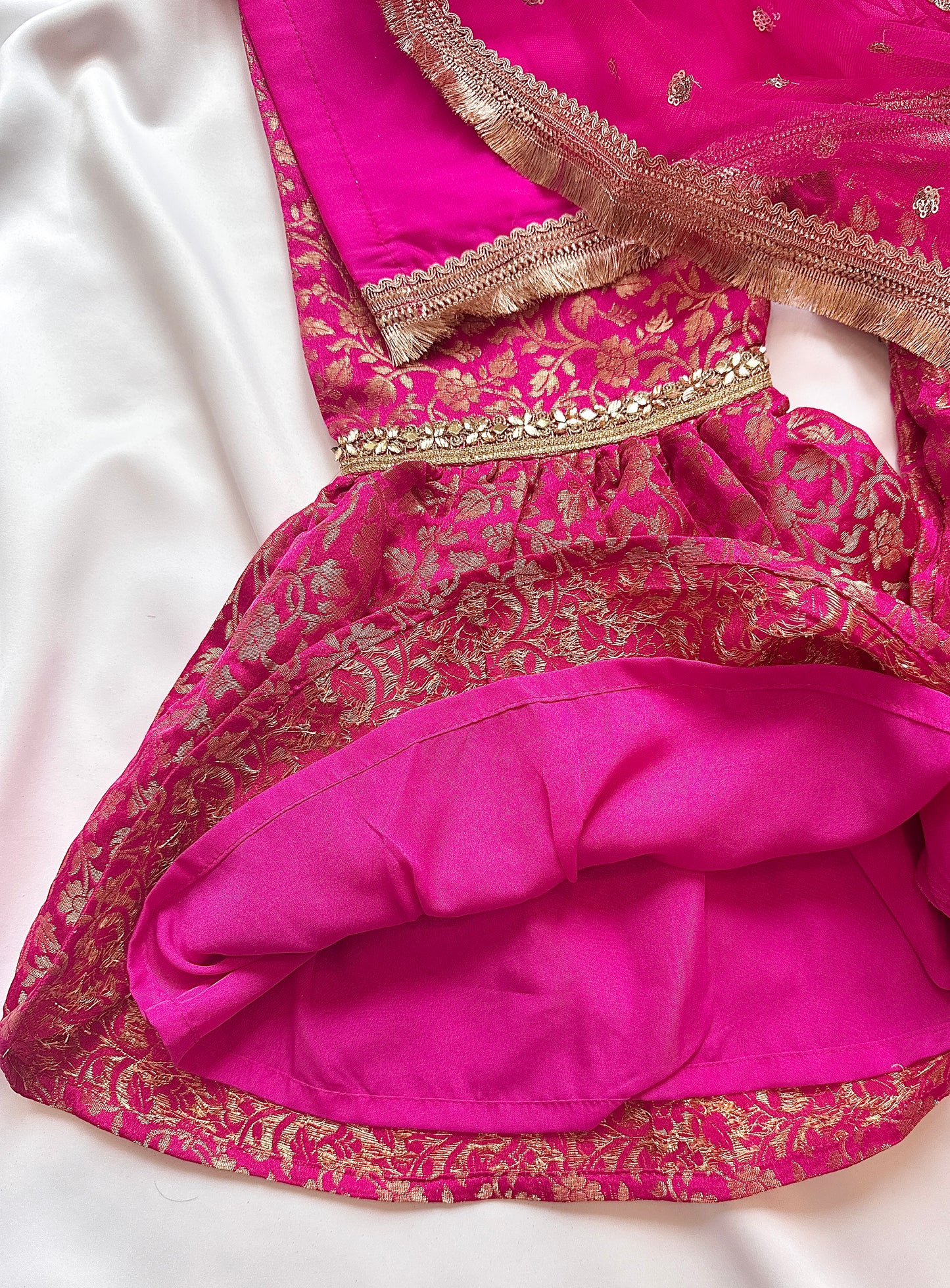 Silk Gharara  & Kameez Set with Dupatta - Rani & Gold - Mitthu Kids Ethnic Wear