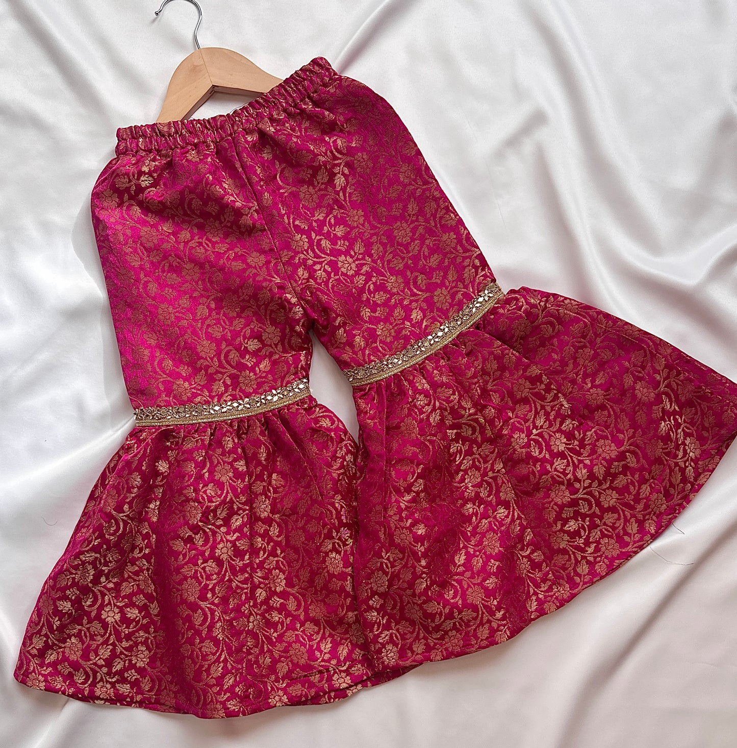 Silk Gharara  & Kameez Set with Dupatta - Rani & Gold - Mitthu Kids Ethnic Wear