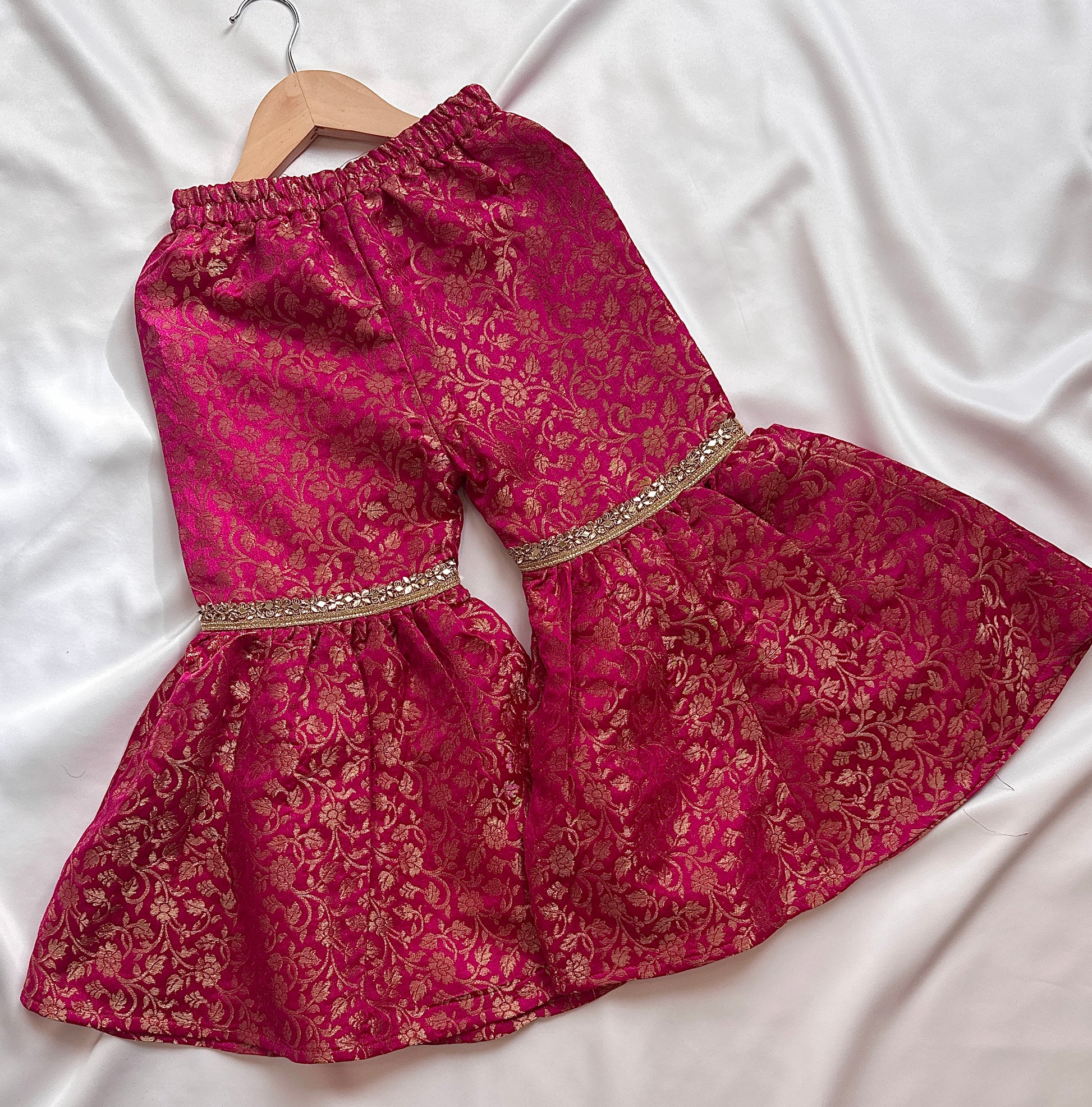 Silk Gharara  & Kameez Set with Dupatta - Rani & Gold - Mitthu Kids Ethnic Wear