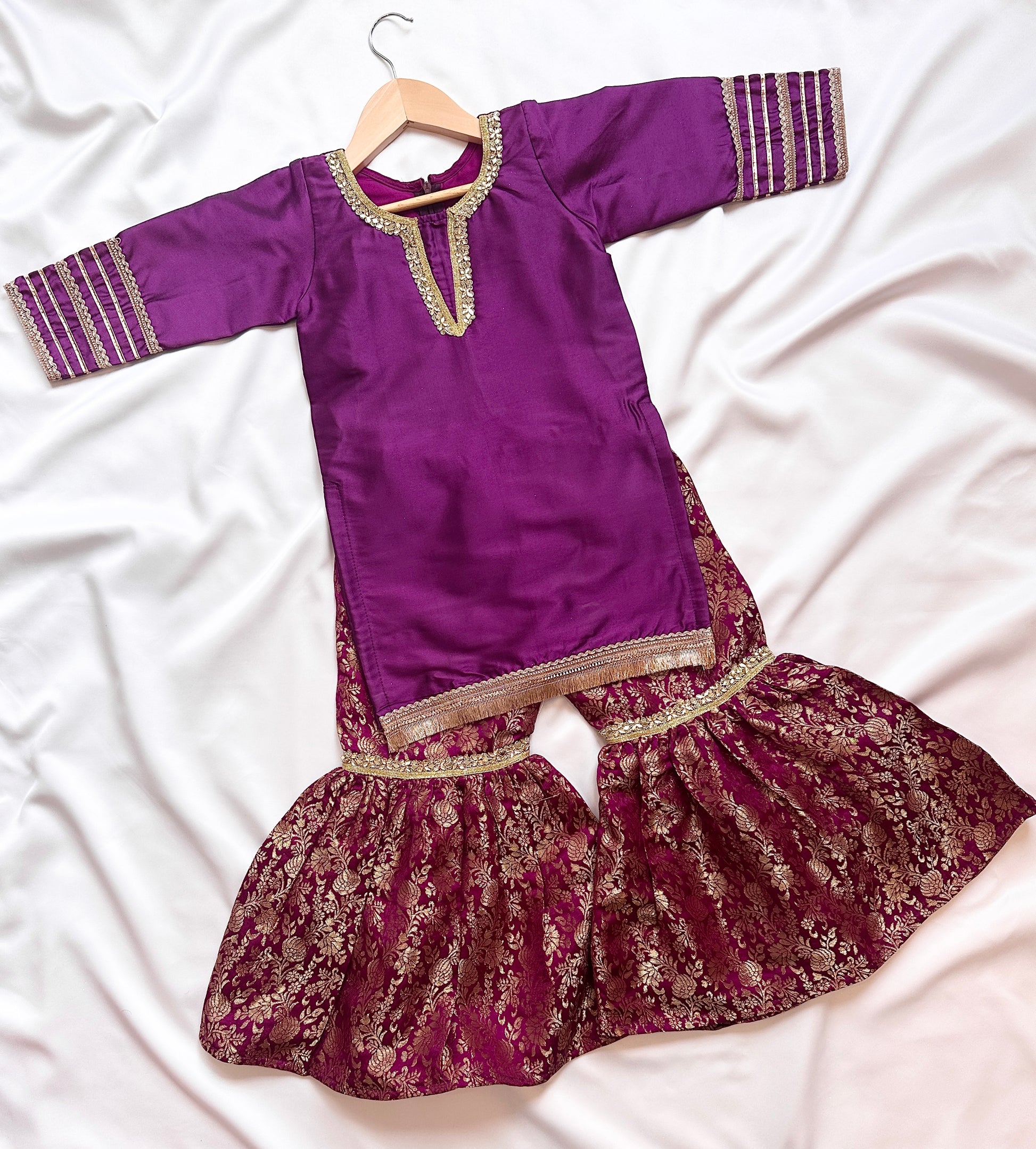 Silk Gharara  & Kameez Set with Dupatta - Purple & Gold - Mitthu Kids Ethnic Wear