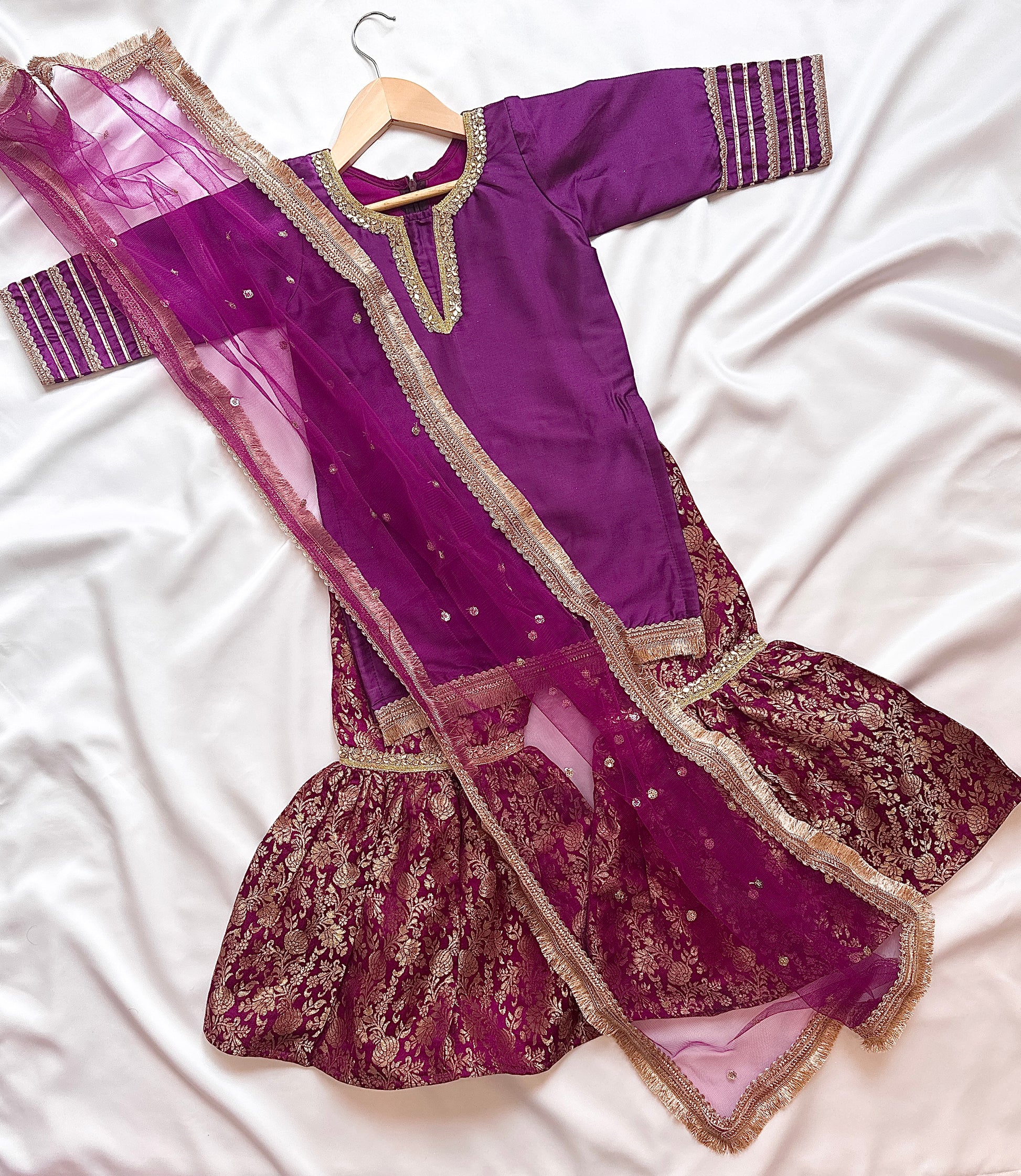 Silk Gharara  & Kameez Set with Dupatta - Purple & Gold - Mitthu Kids Ethnic Wear