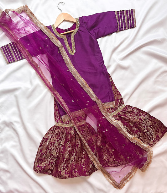Silk Gharara  & Kameez Set with Dupatta - Purple & Gold - Mitthu Kids Ethnic Wear