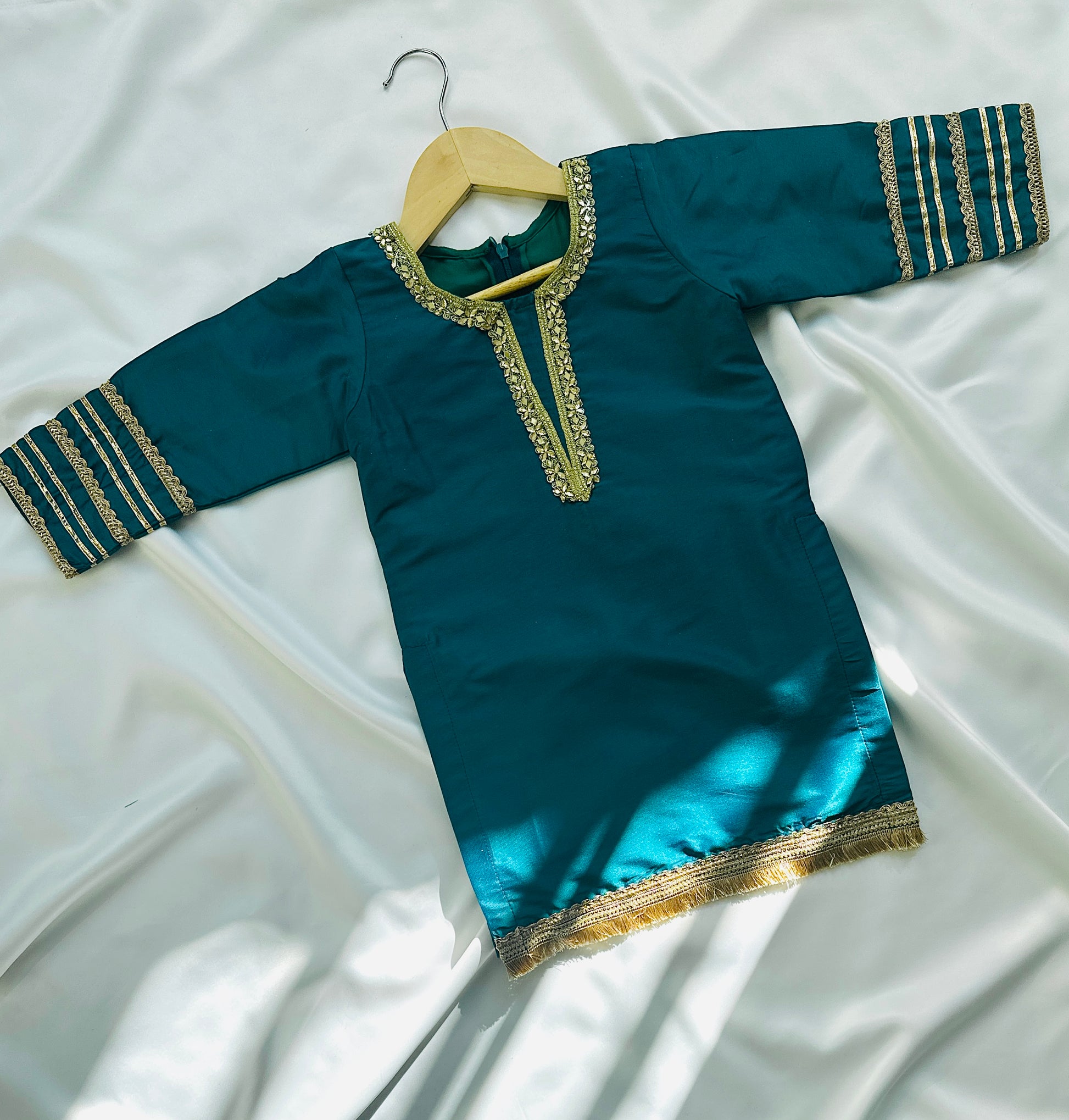 Silk Gharara  & Kameez Set with Dupatta - Peacock Green - Mitthu Kids Ethnic Wear