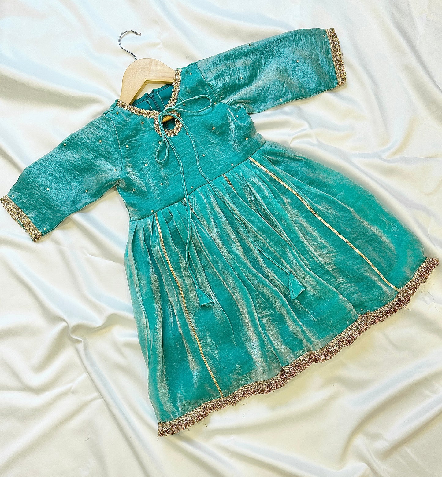 Girls Frock Style Kameez with Pants & Dupatta - Teal - Infant - Mitthu Kids Ethnic Wear