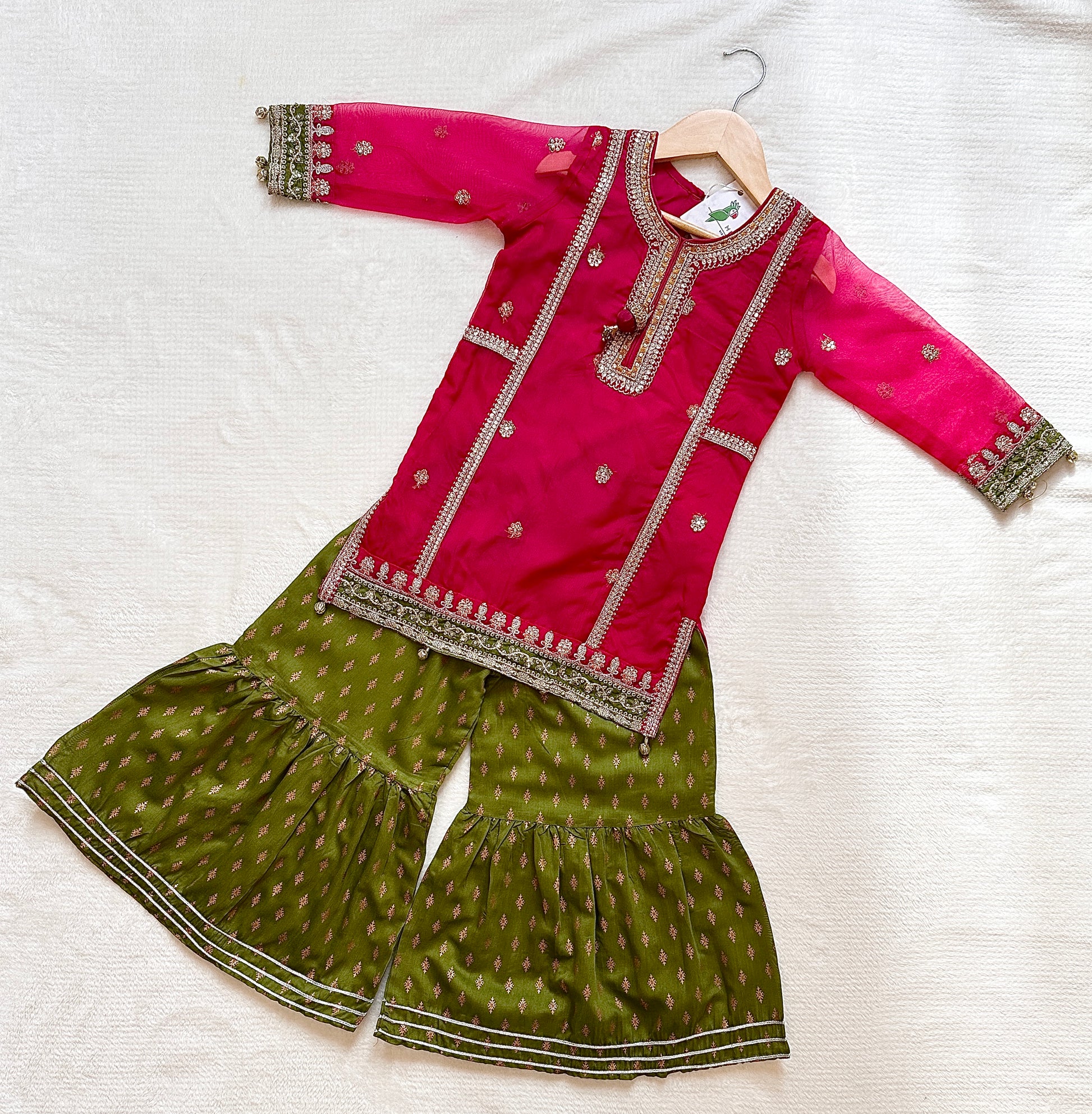 Hot Pink & Olive - 3 Piece Gharara Suit for Girls - Mitthu Kids Ethnic Wear