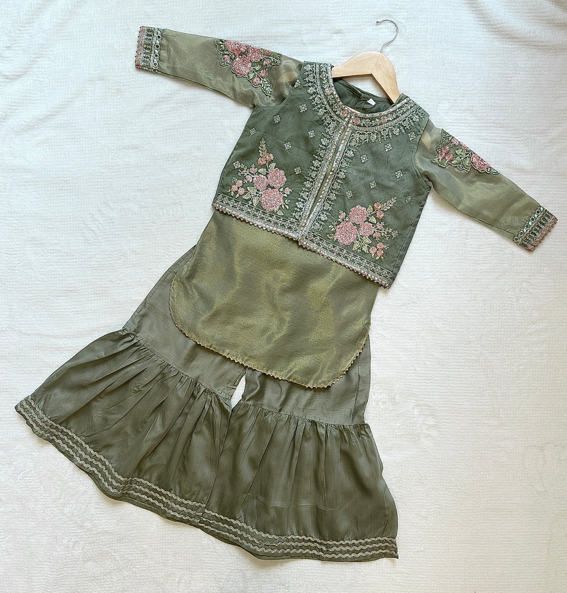 Olive & Gold - 4 Piece Gharara Suit for Girls - Mitthu Kids Ethnic Wear