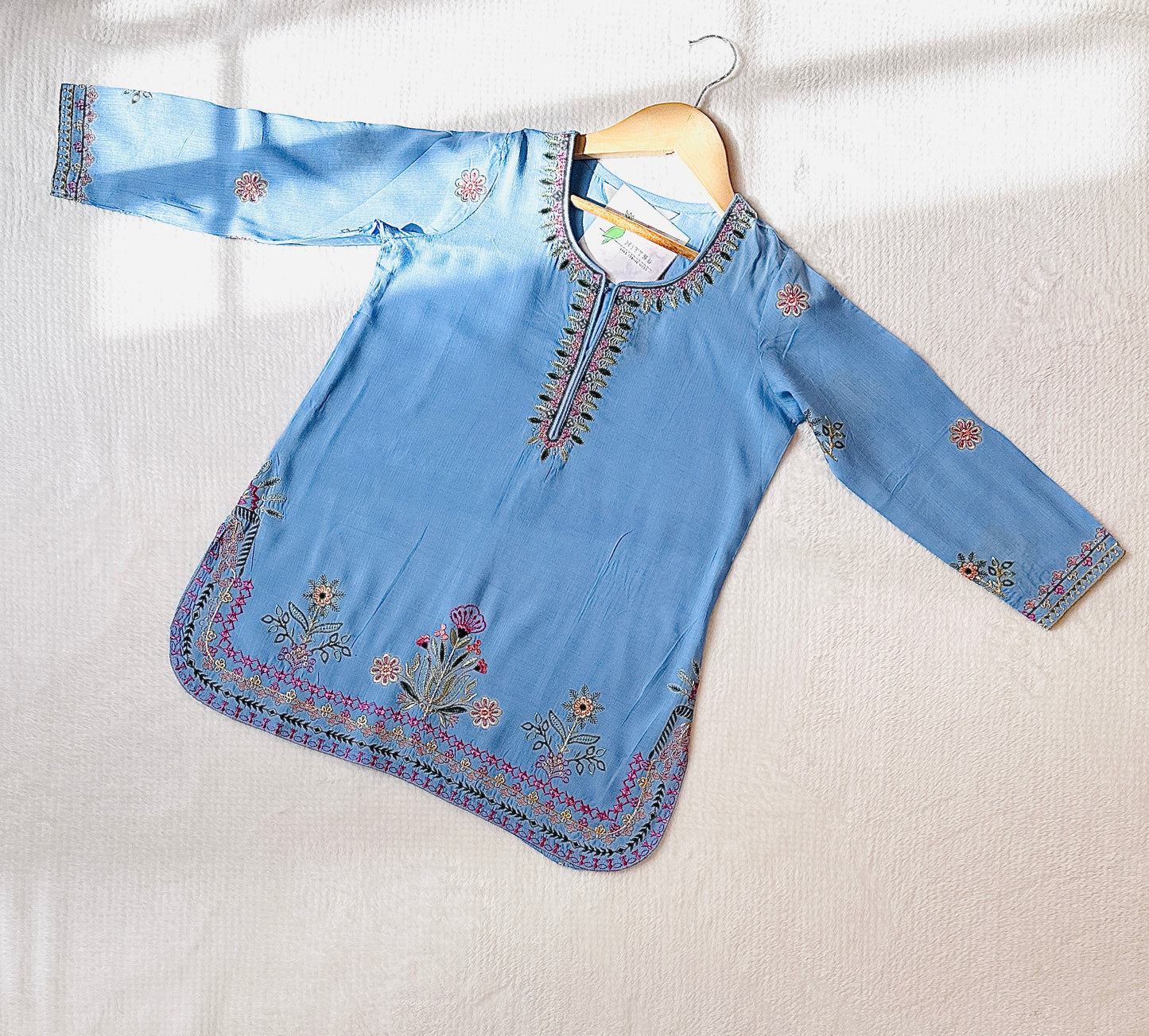 Pastel Blue - 3 Piece Floral Embroidery Suit for Girls - Mitthu Kids Ethnic Wear