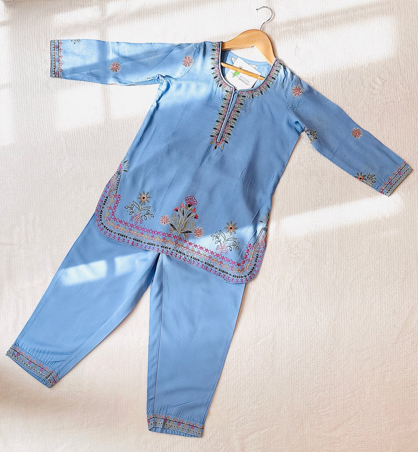 Pastel Blue - 3 Piece Floral Embroidery Suit for Girls - Mitthu Kids Ethnic Wear