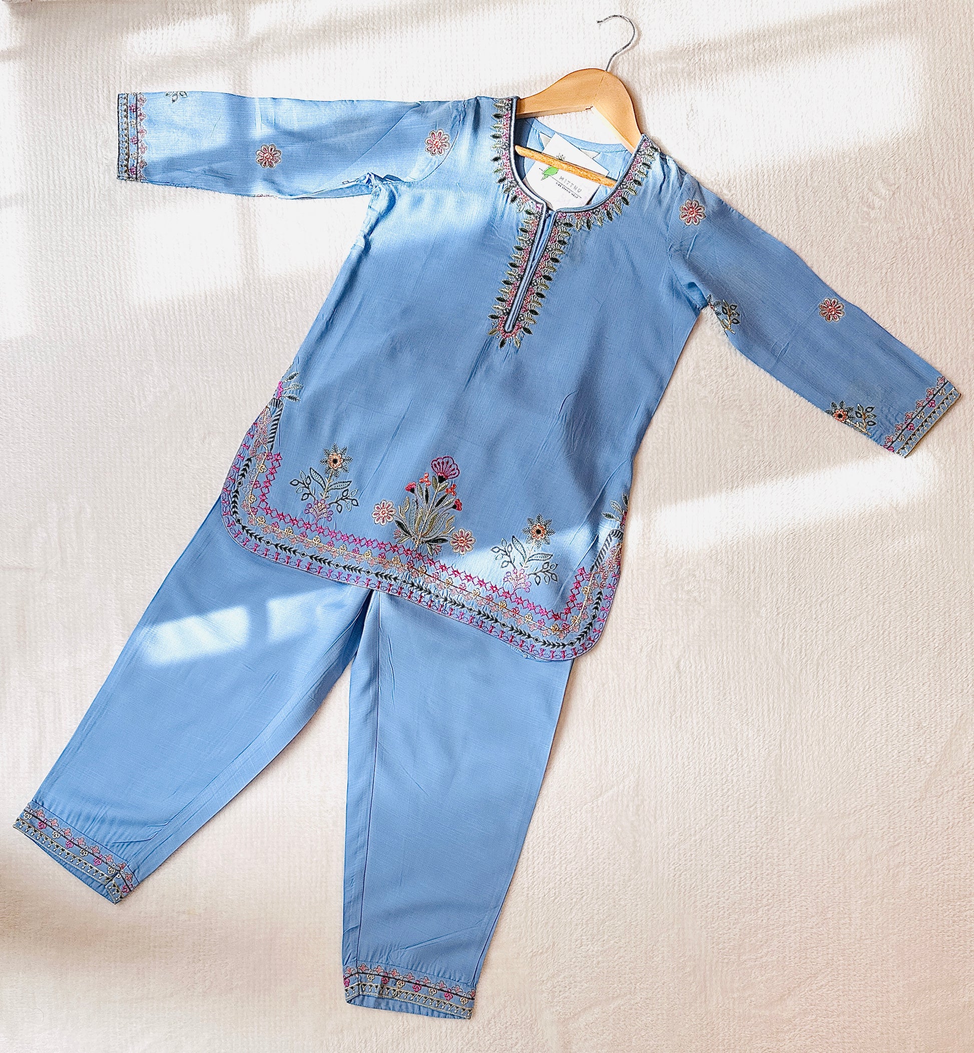 Pastel Blue - 3 Piece Floral Embroidery Suit for Girls - Mitthu Kids Ethnic Wear