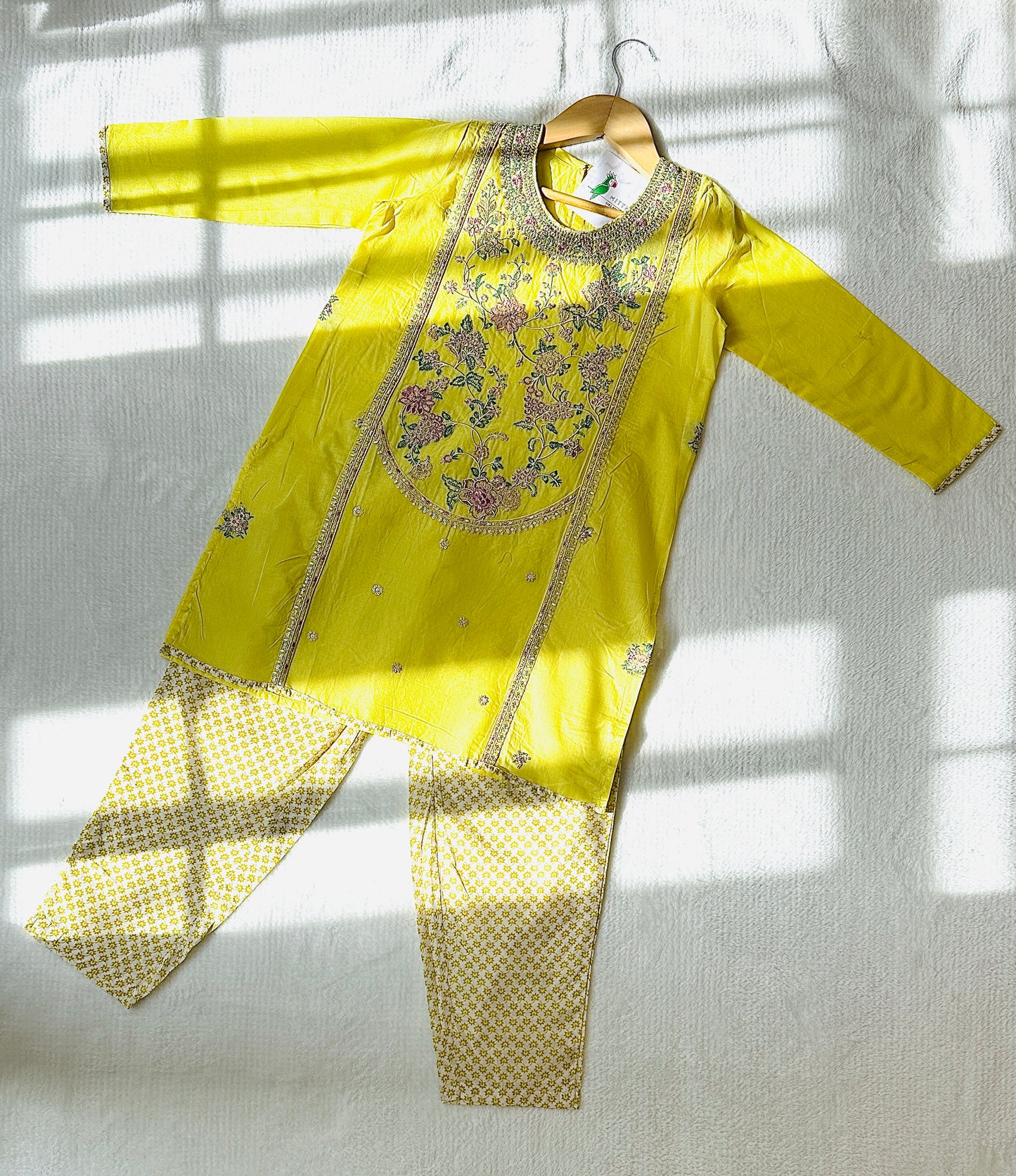 Pastel Yellow - 3 Piece Floral Embrodery Suit for Girls - Mitthu Kids Ethnic Wear