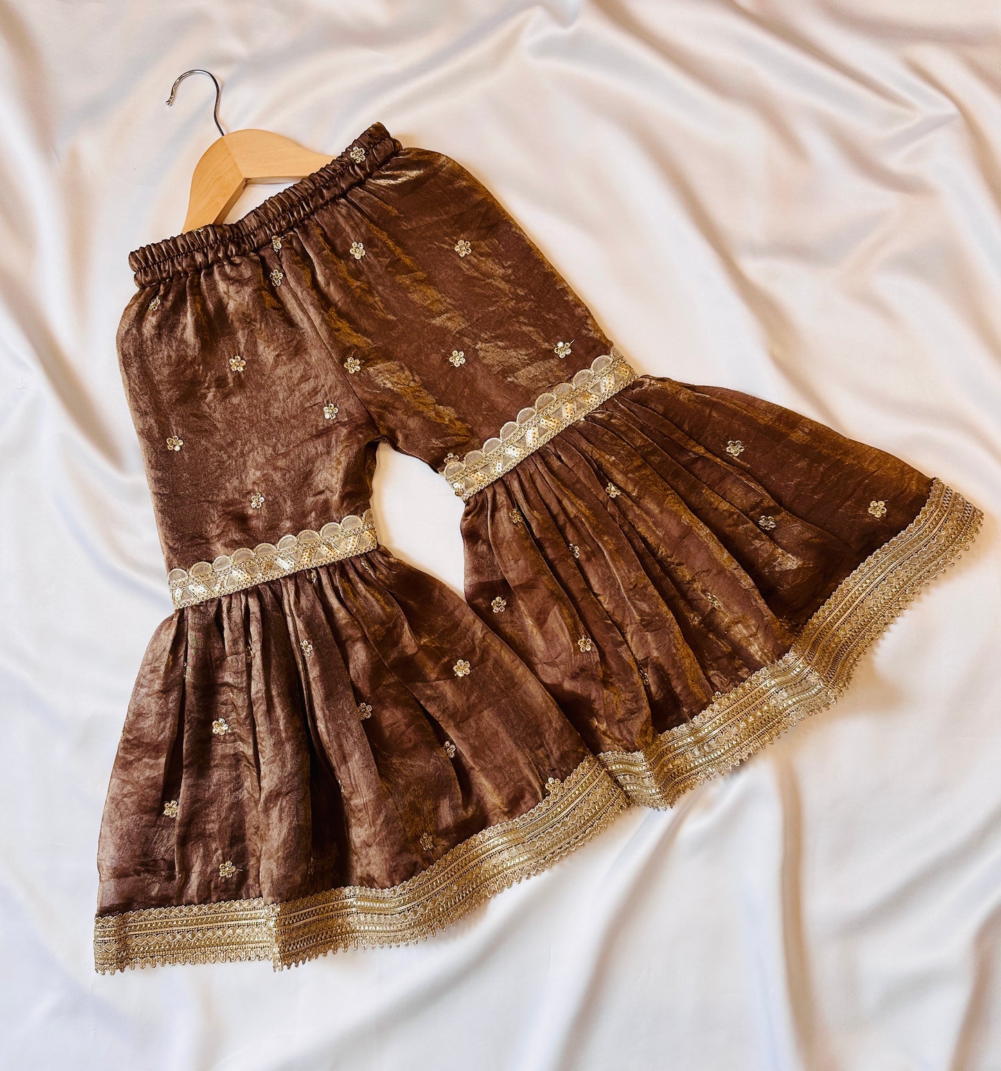 Satin Shimmer Silk Gharara  & Kameez Set with Dupatta - Walnut Brown - Mitthu Kids Ethnic Wear