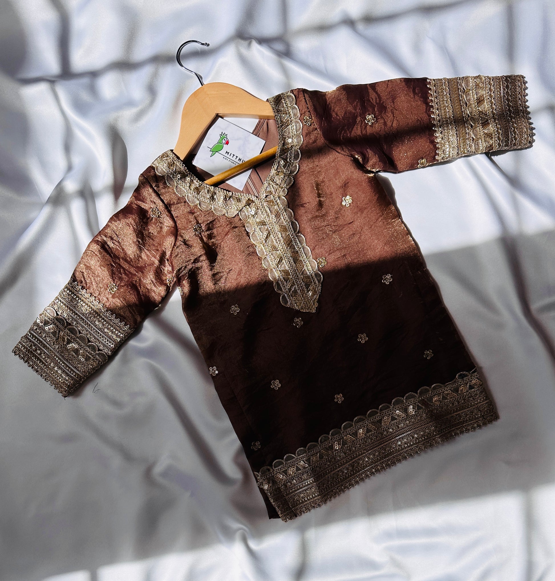 Satin Shimmer Silk Gharara  & Kameez Set with Dupatta - Walnut Brown - Mitthu Kids Ethnic Wear