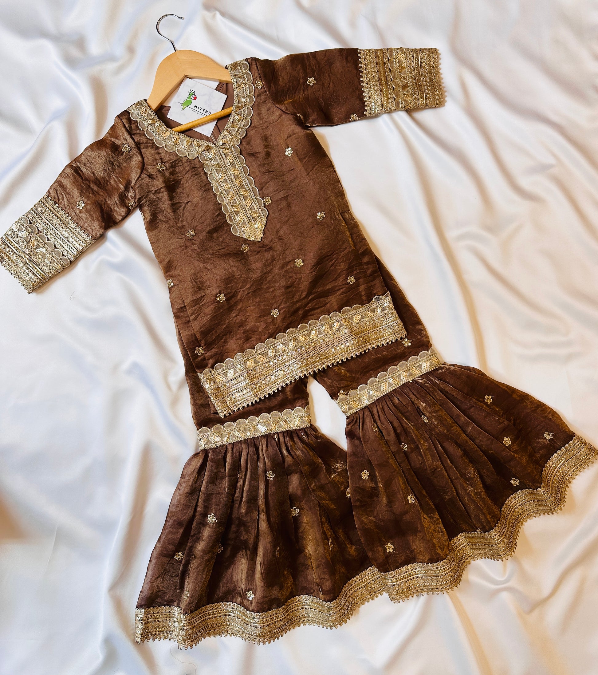 Satin Shimmer Silk Gharara  & Kameez Set with Dupatta - Walnut Brown - Mitthu Kids Ethnic Wear