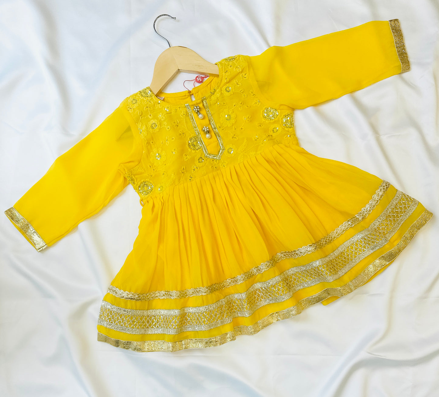 Girls Jaipuri Lacework Kurti Frock with Churidar - Yellow