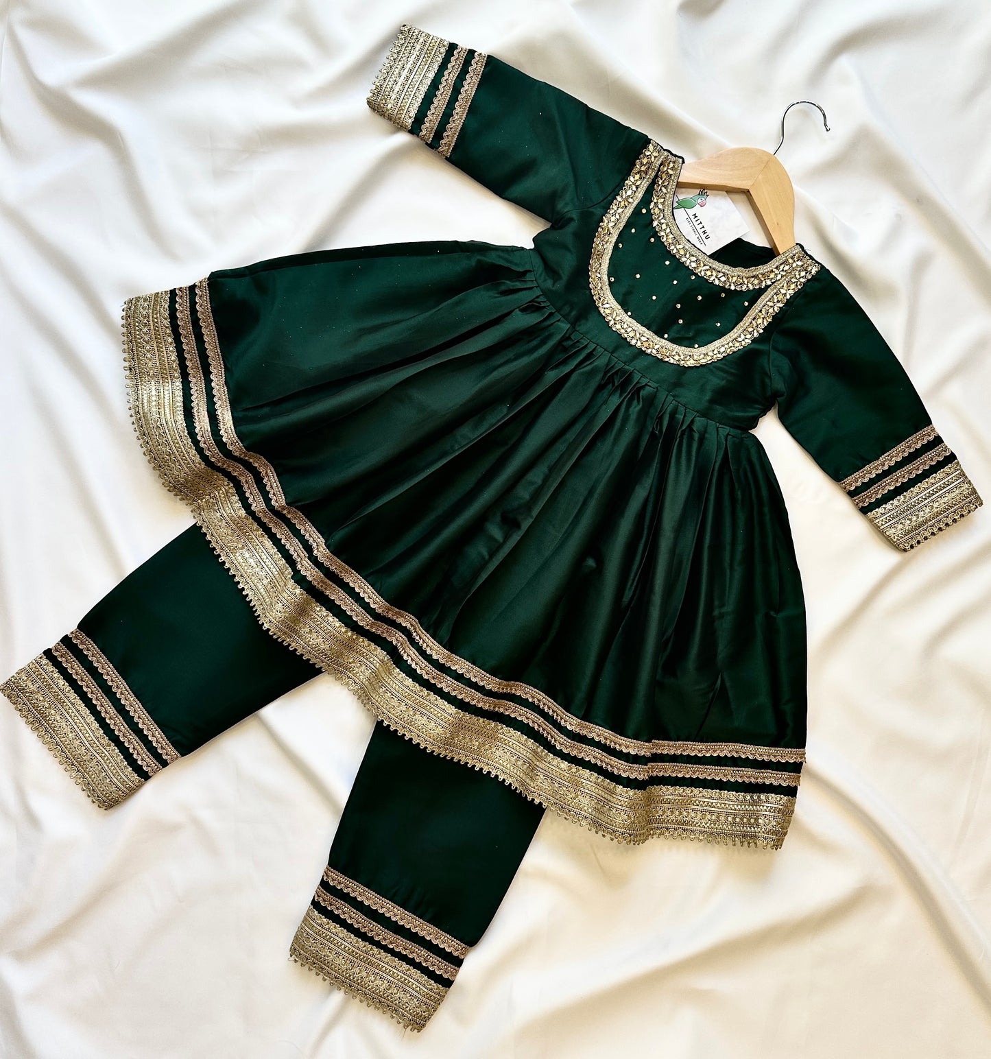 Girls Gota Work Frock Suit - Emerald Green & Gold