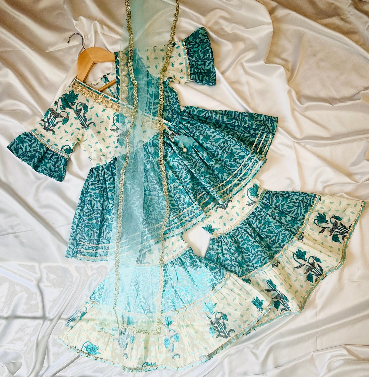 Girls Jaipuri Cotton Sharara Set with Dupatta - Blue