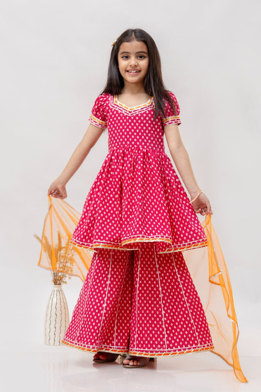 Jaipur Print Kurta Sharara with Dupatta Set-Pink - Mitthu Kids Ethnic Wear