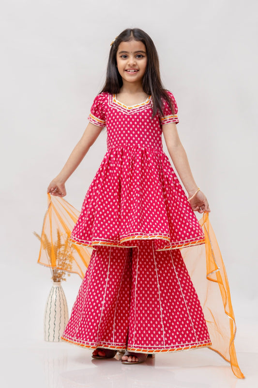 Jaipur Print Kurta Sharara with Dupatta Set-Pink - Mitthu Kids Ethnic Wear